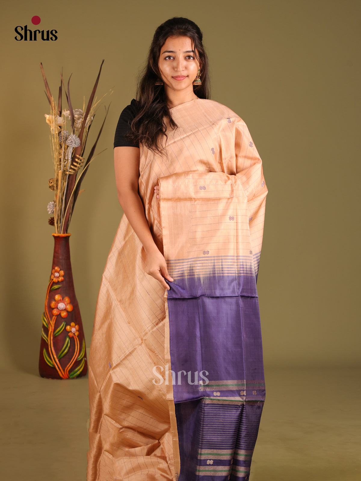 Peach & Blue- Banana Pith without blouse Saree - Shop on Shrus.com