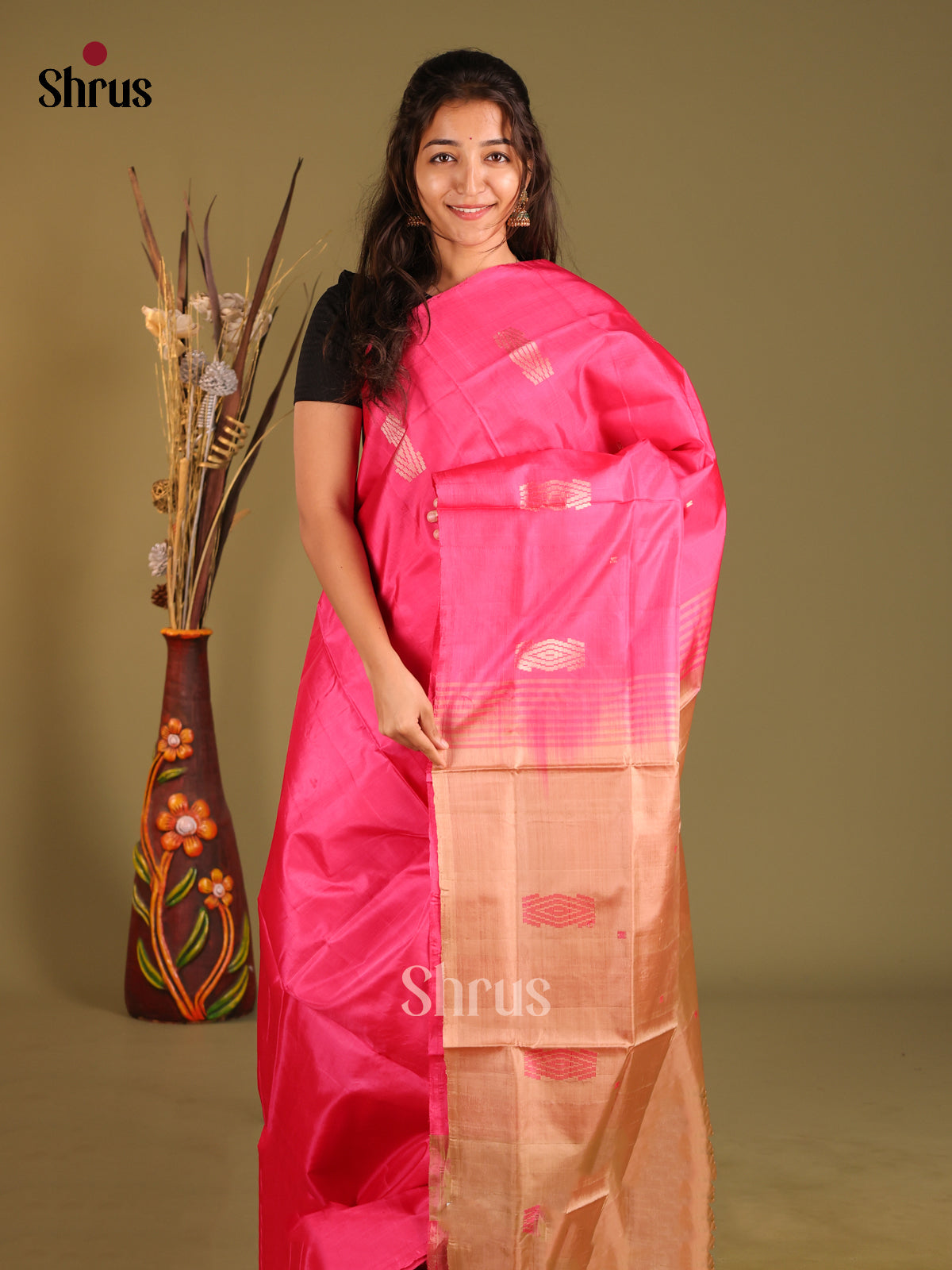 Pink &  Light Brown - Banana Pith without blouse Saree - Shop on Shrus.com