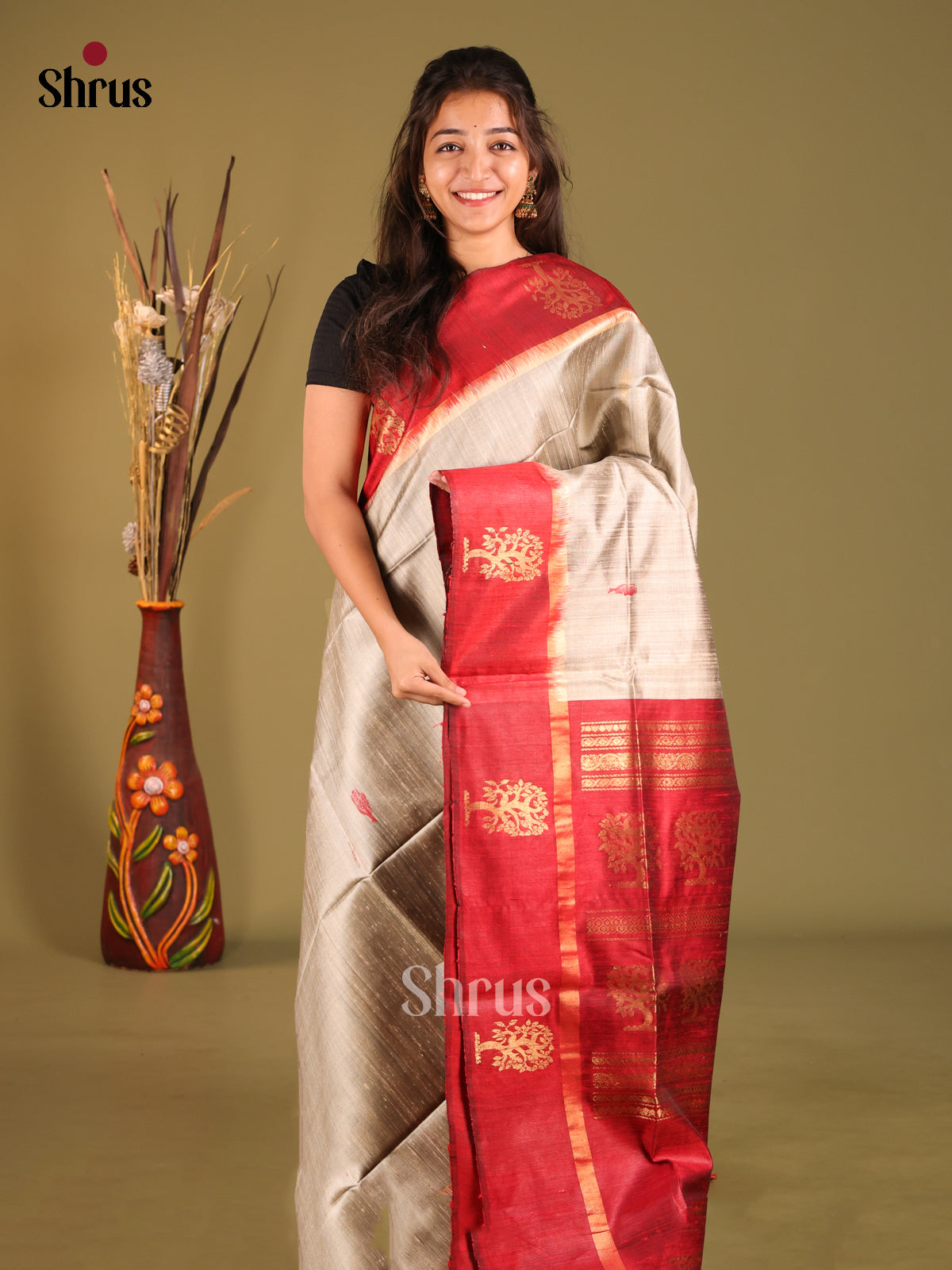 Grey & Maroon  - Raw Silk Saree - Shop on Shrus.com