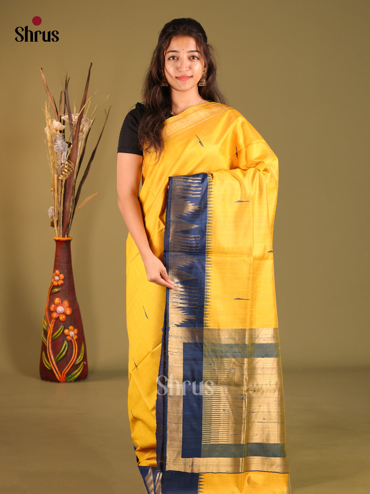 Yellow & Blue - Raw Silk Saree - Shop on Shrus.com