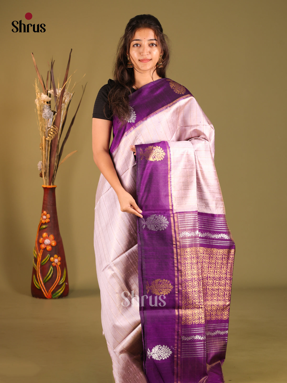 Mild Grey & Violet - Raw Silk Saree - Shop on Shrus.com