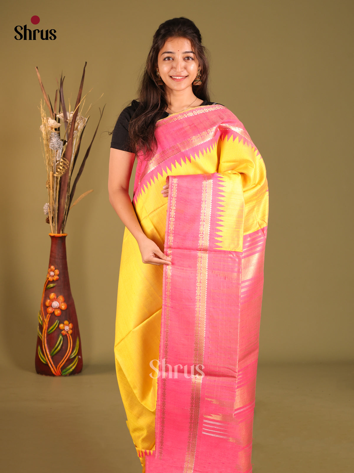 Yellow  Raw Silk Saree with zari checks & Rettaipet Border - Shop on Shrus.com