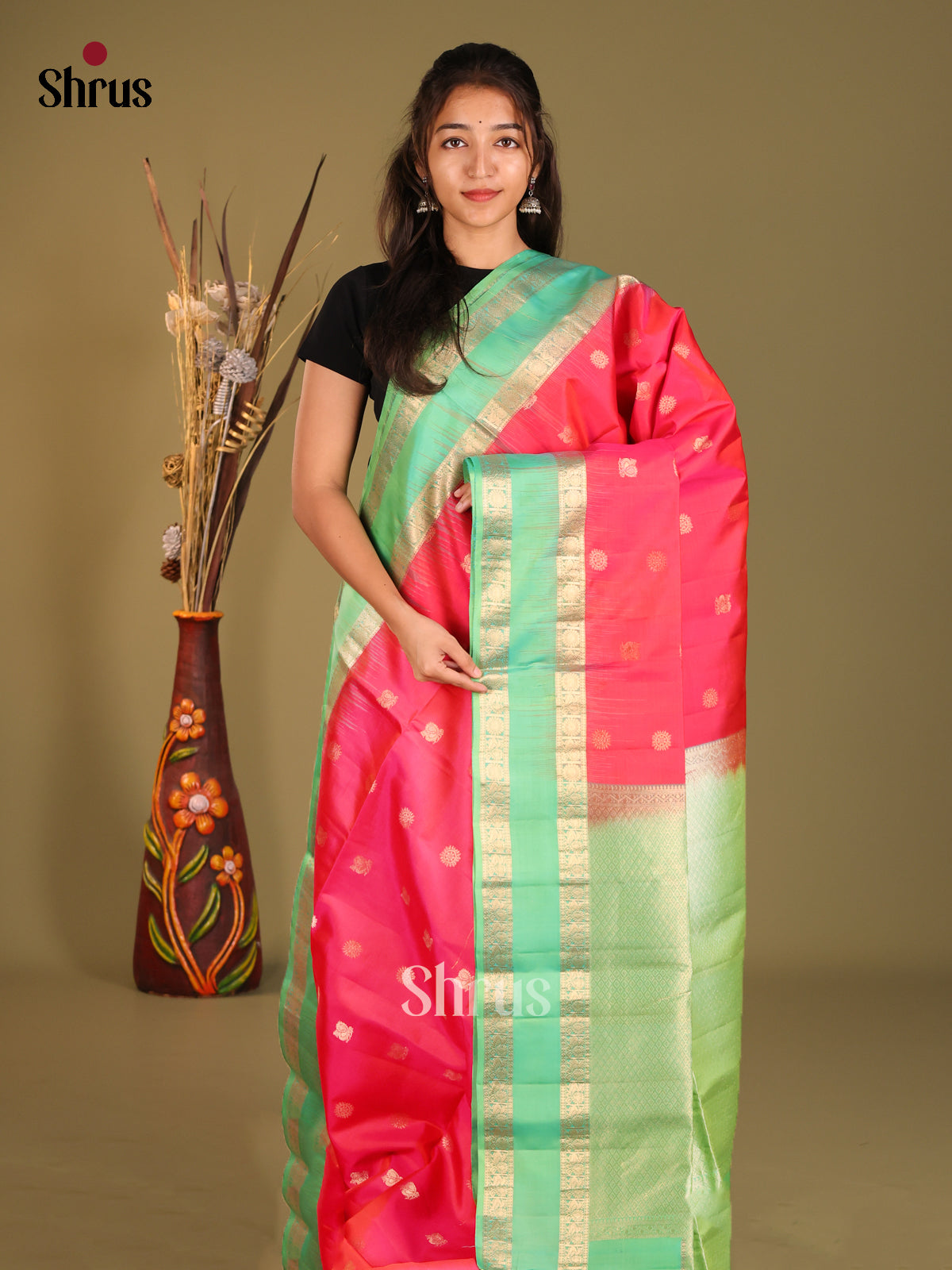 Orangish Pink & Teal Soft Silk Sareewith peacock , floral buttas - Shop on Shrus.com