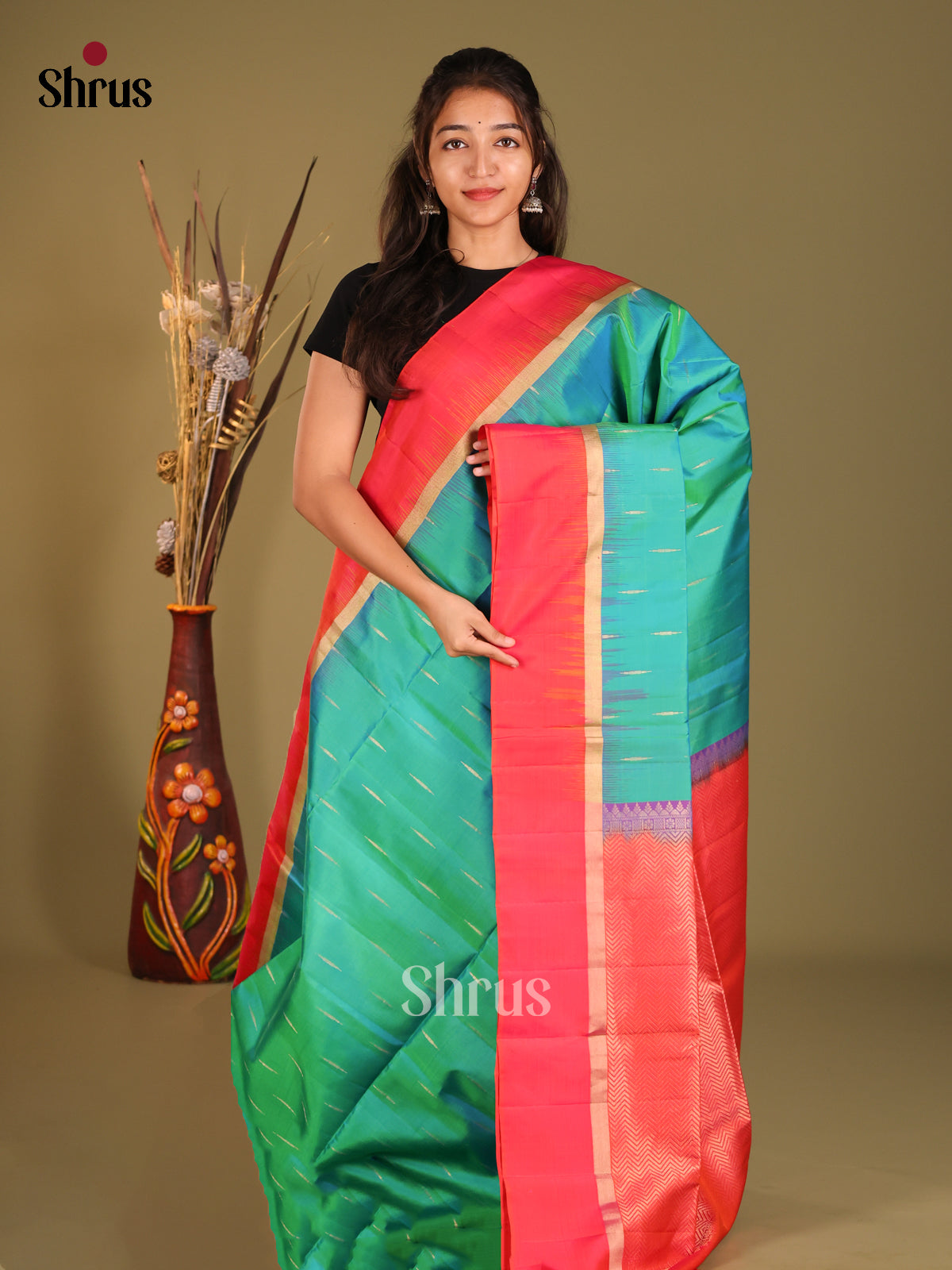 Green & Orangish Pink Soft Silk Saree with zari stripes buttas - Shop on Shrus.com