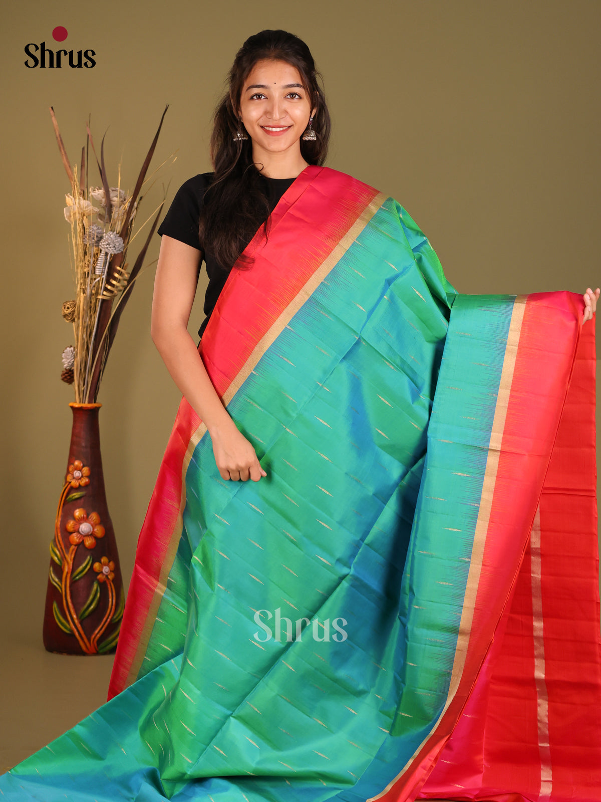 Green & Orangish Pink Soft Silk Saree with zari stripes buttas - Shop on Shrus.com