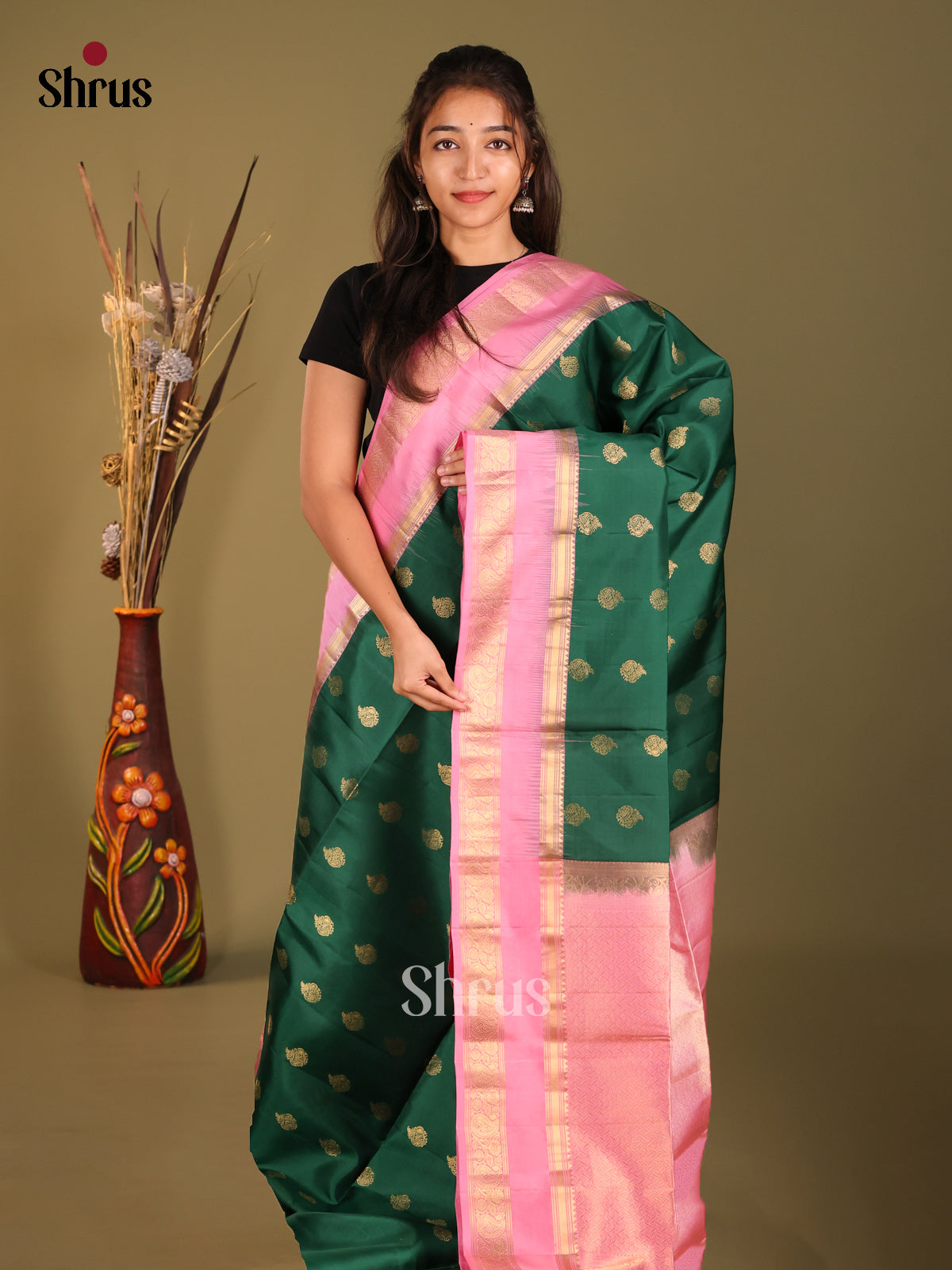 Green & Pink Soft Silk Saree gleams with zari floral buttas - Shop on Shrus.com