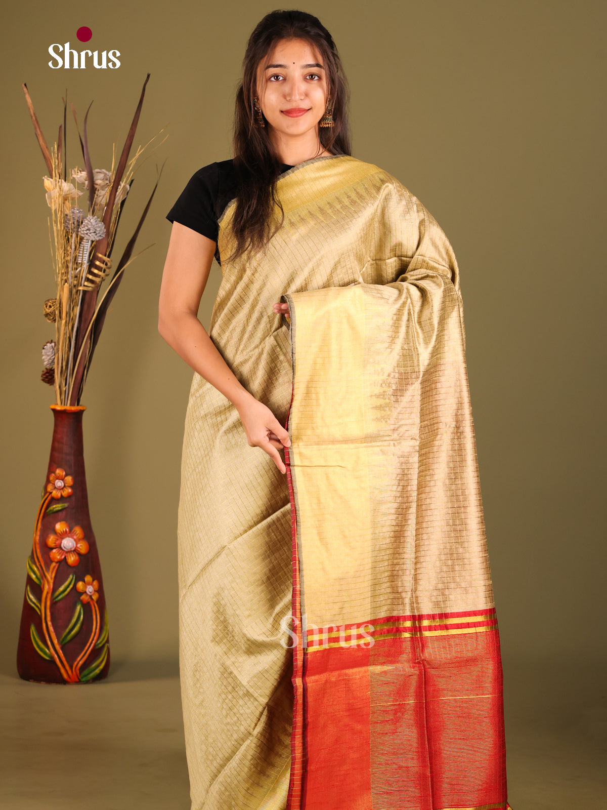 Cream & Red - Semi Rawsilk Saree