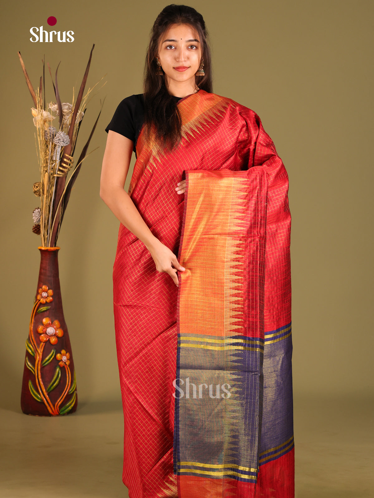 Red & Blue - Semi Rawsilk Saree - Shop on Shrus.com
