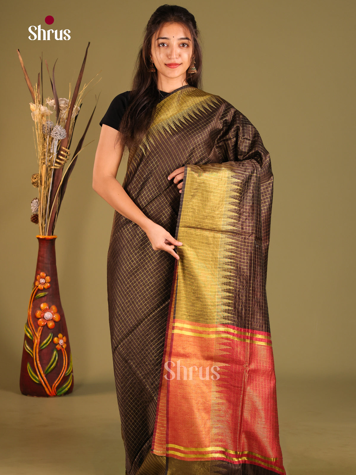 Brown & Red- Semi Rawsilk Saree