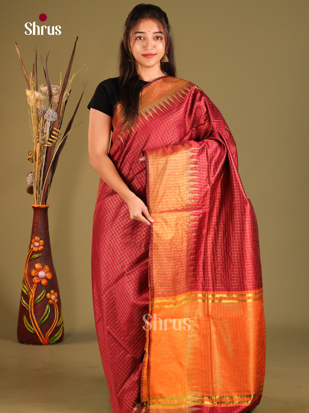 Maroon & Orange - Semi Rawsilk Saree - Shop on Shrus.com