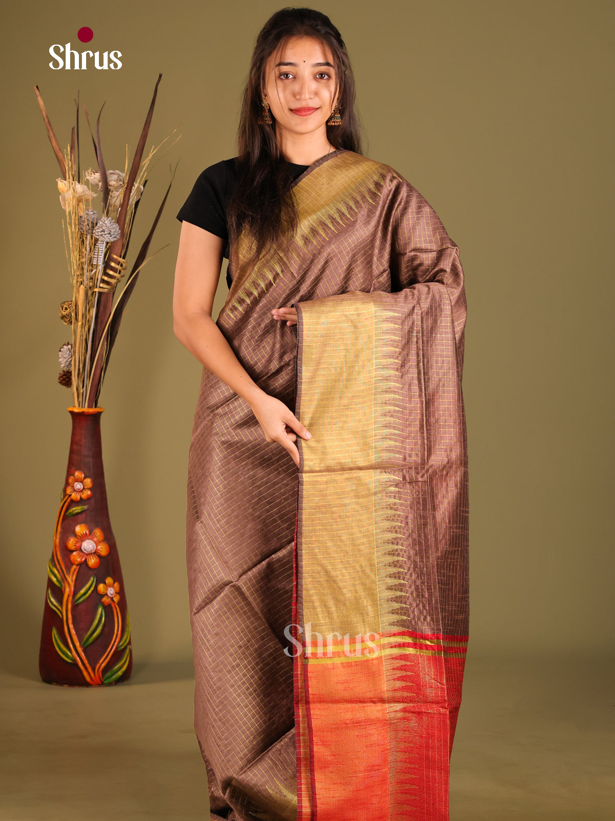 Brown & Red- Semi Rawsilk Saree