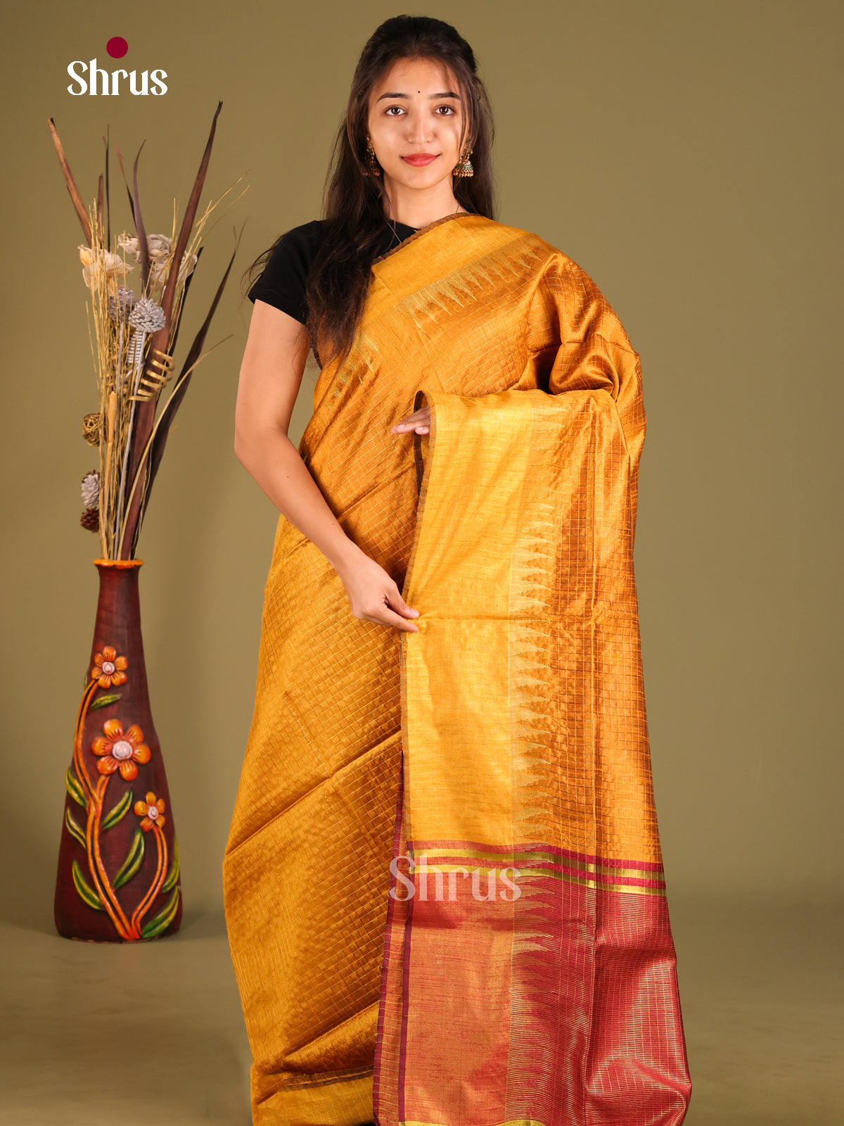 Mustard & Maroon -Semi Rawsilk Saree - Shop on Shrus.com