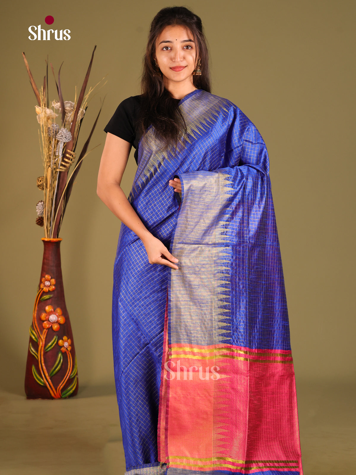 Blue & Maroon - Semi Rawsilk Saree
