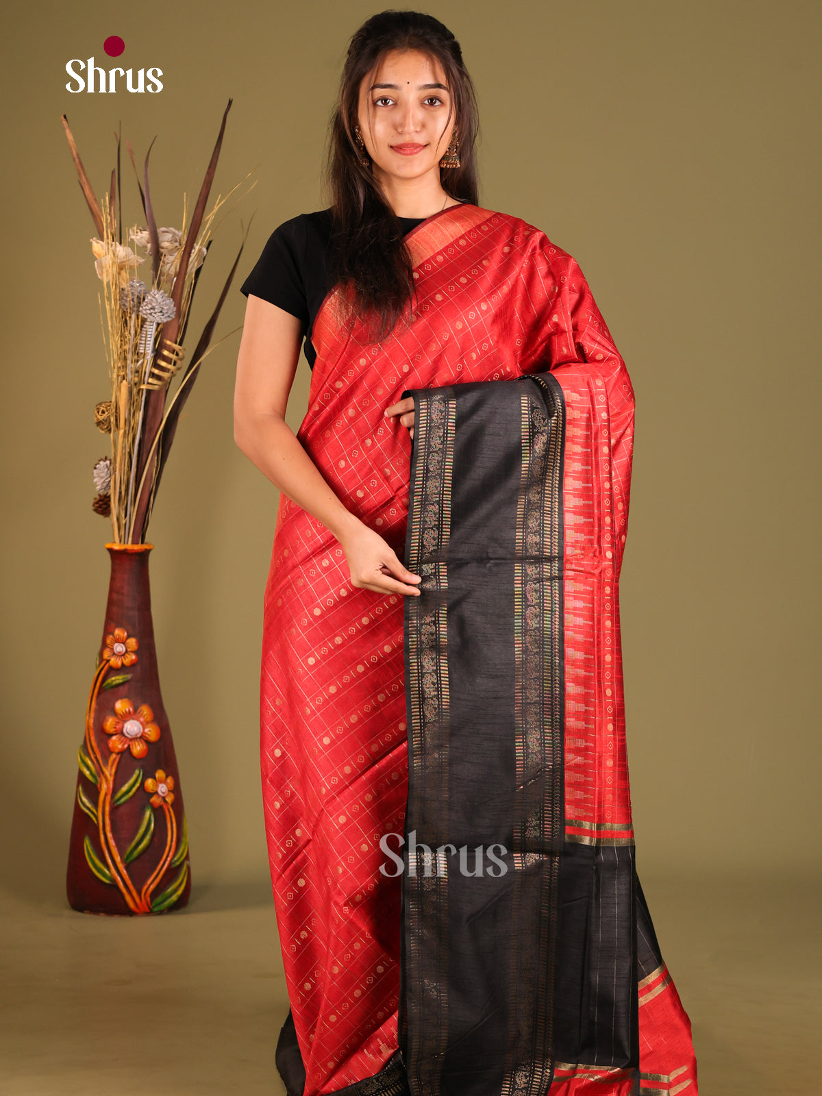 Red & Black - Semi Rawsilk Saree - Shop on Shrus.com