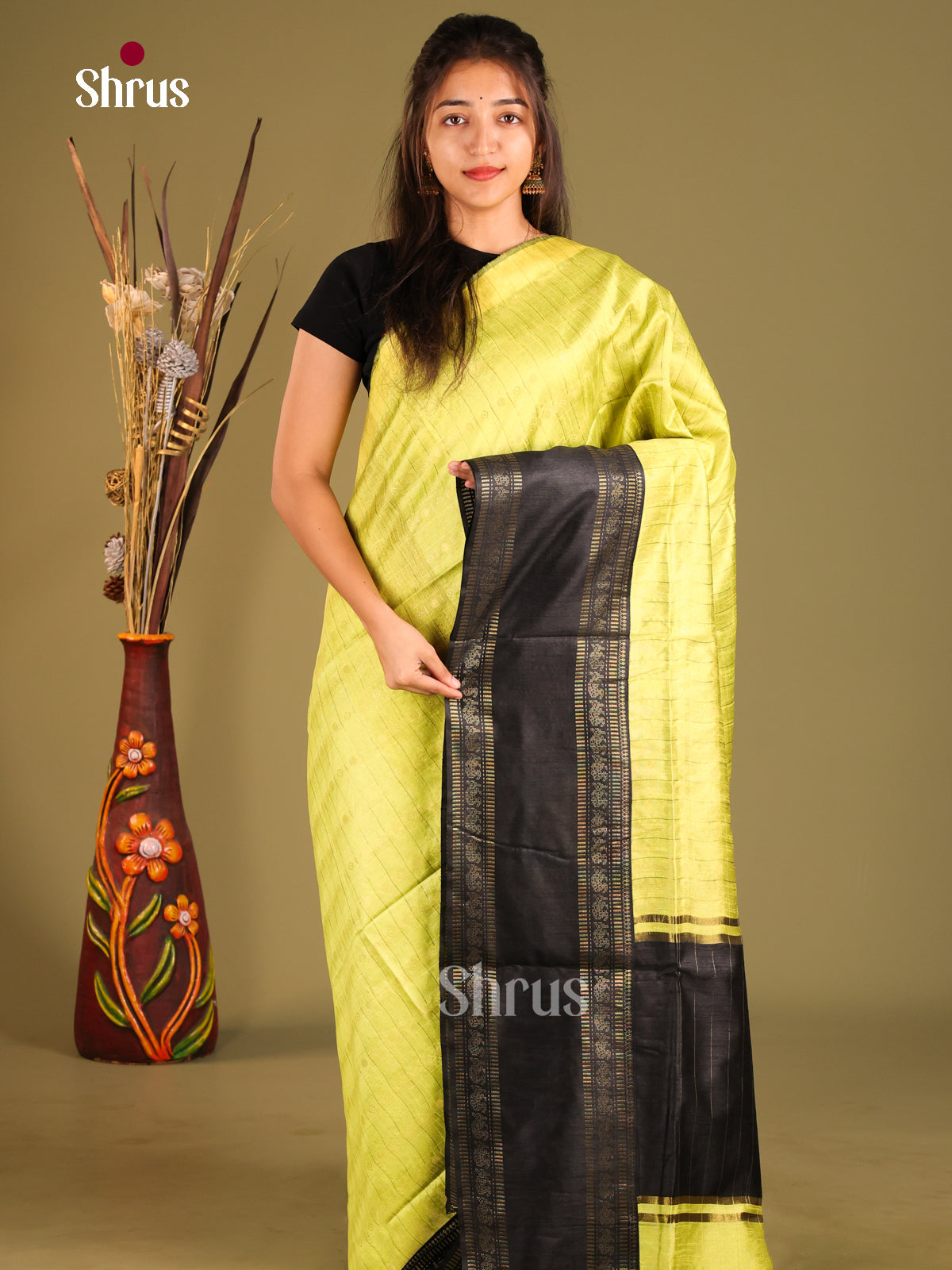Light Green & Black - Semi Rawsilk Saree - Shop on Shrus.com