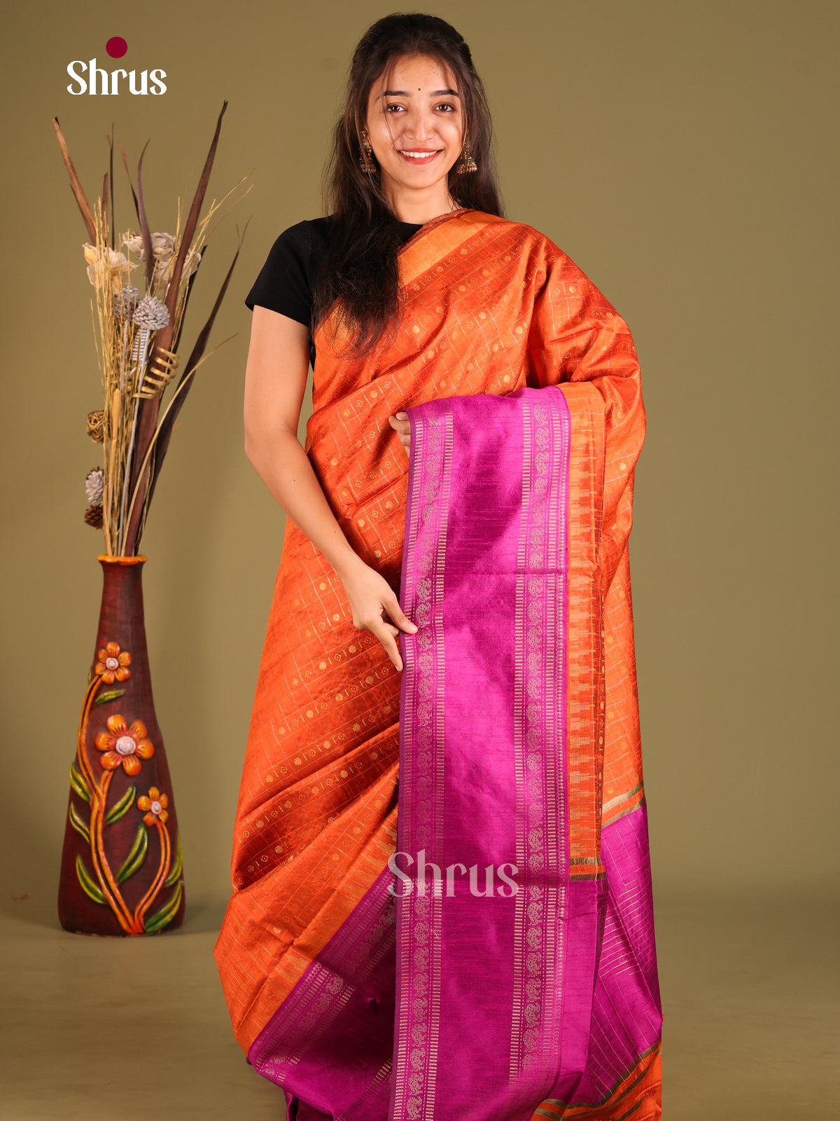Orange & Purple- Semi Rawsilk Saree - Shop on Shrus.com