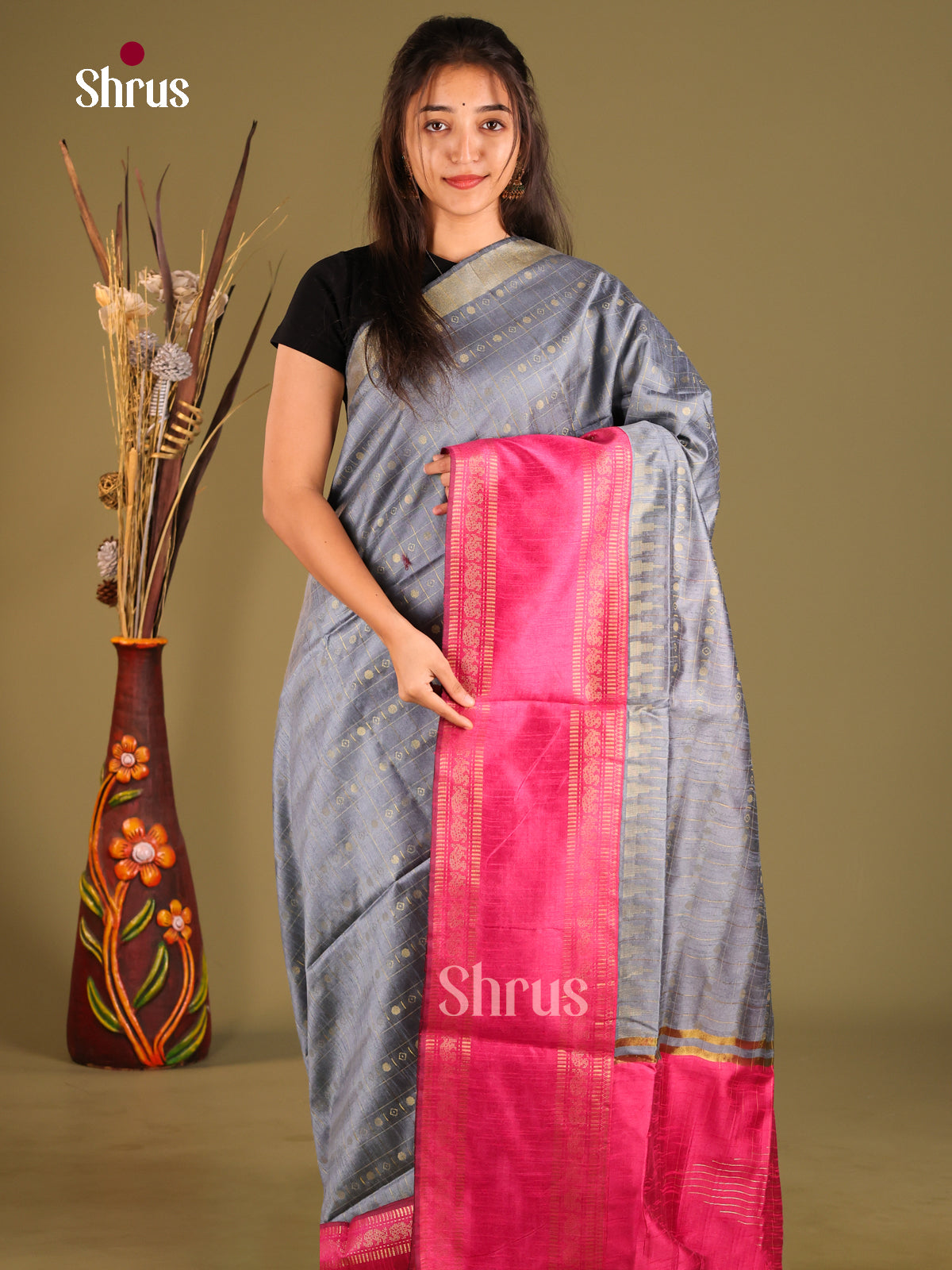 Grey & Pink - Semi Rawsilk Saree