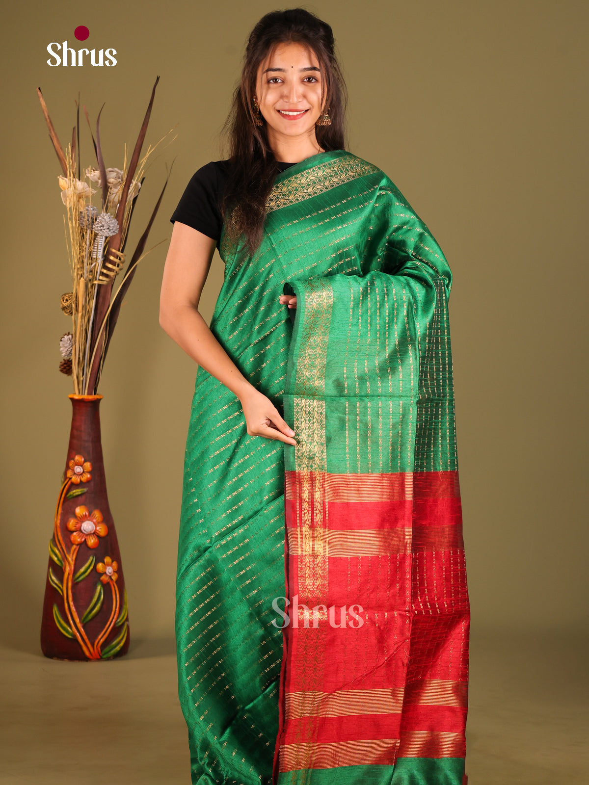 Green & Red- Semi Rawsilk Saree - Shop on Shrus.com