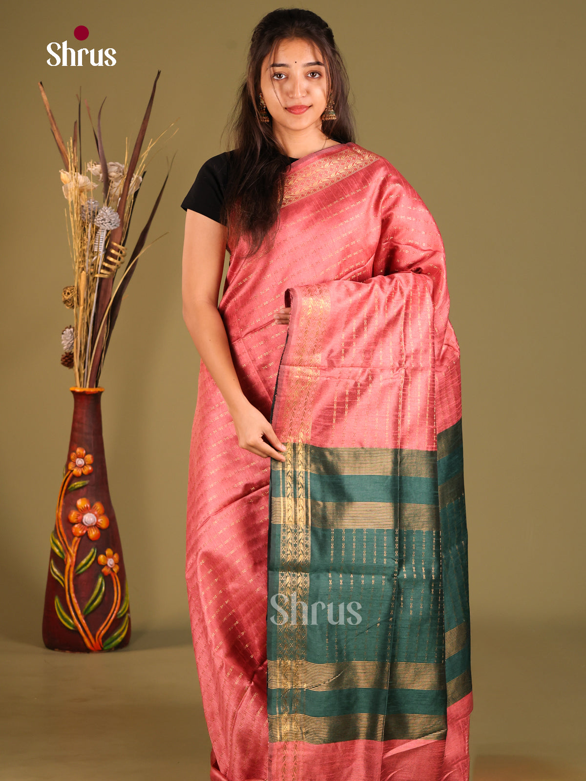 Red & Green- Semi Rawsilk Saree - Shop on Shrus.com