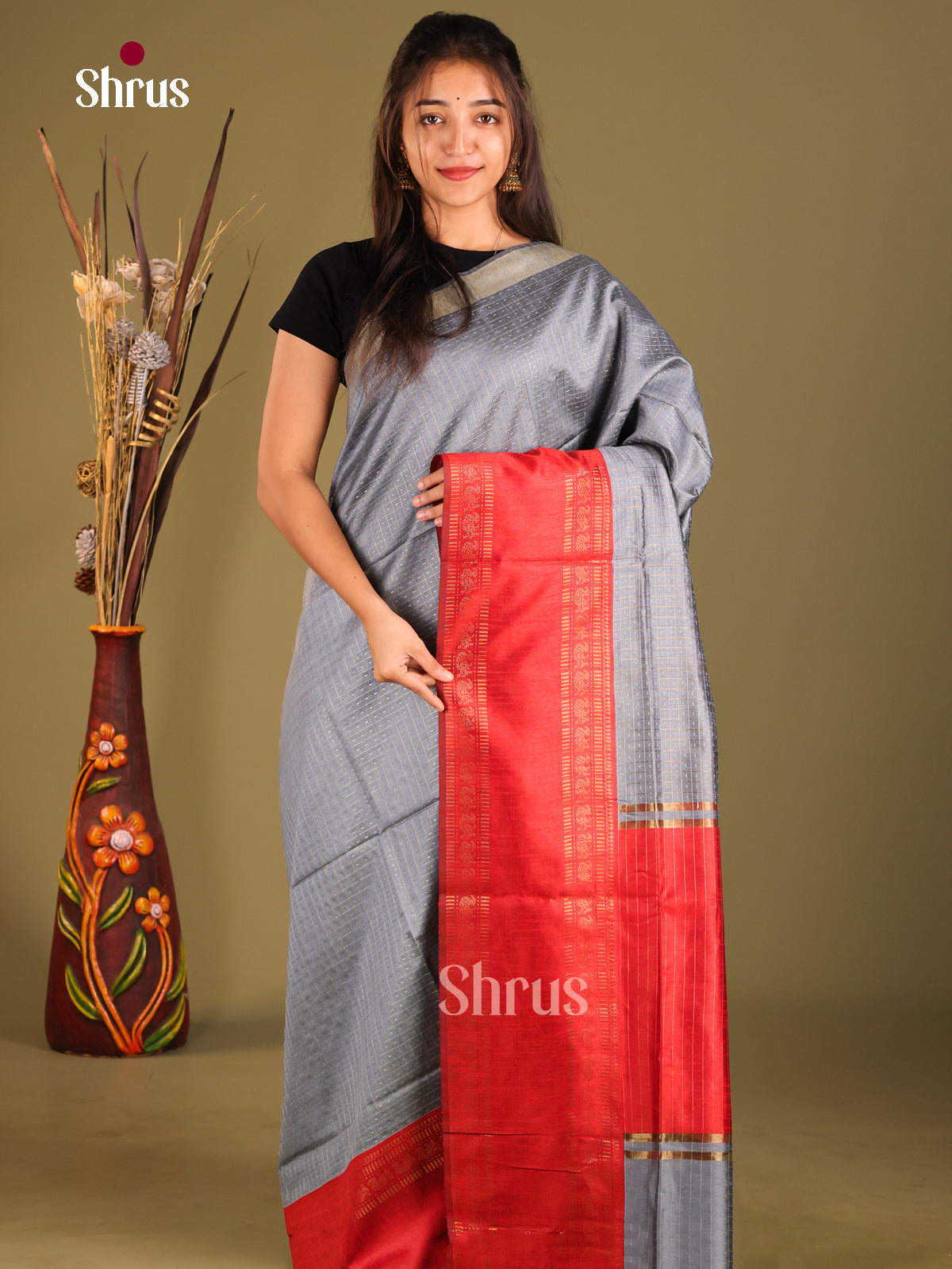 Grey & Red - Semi Rawsilk Saree - Shop on Shrus.com