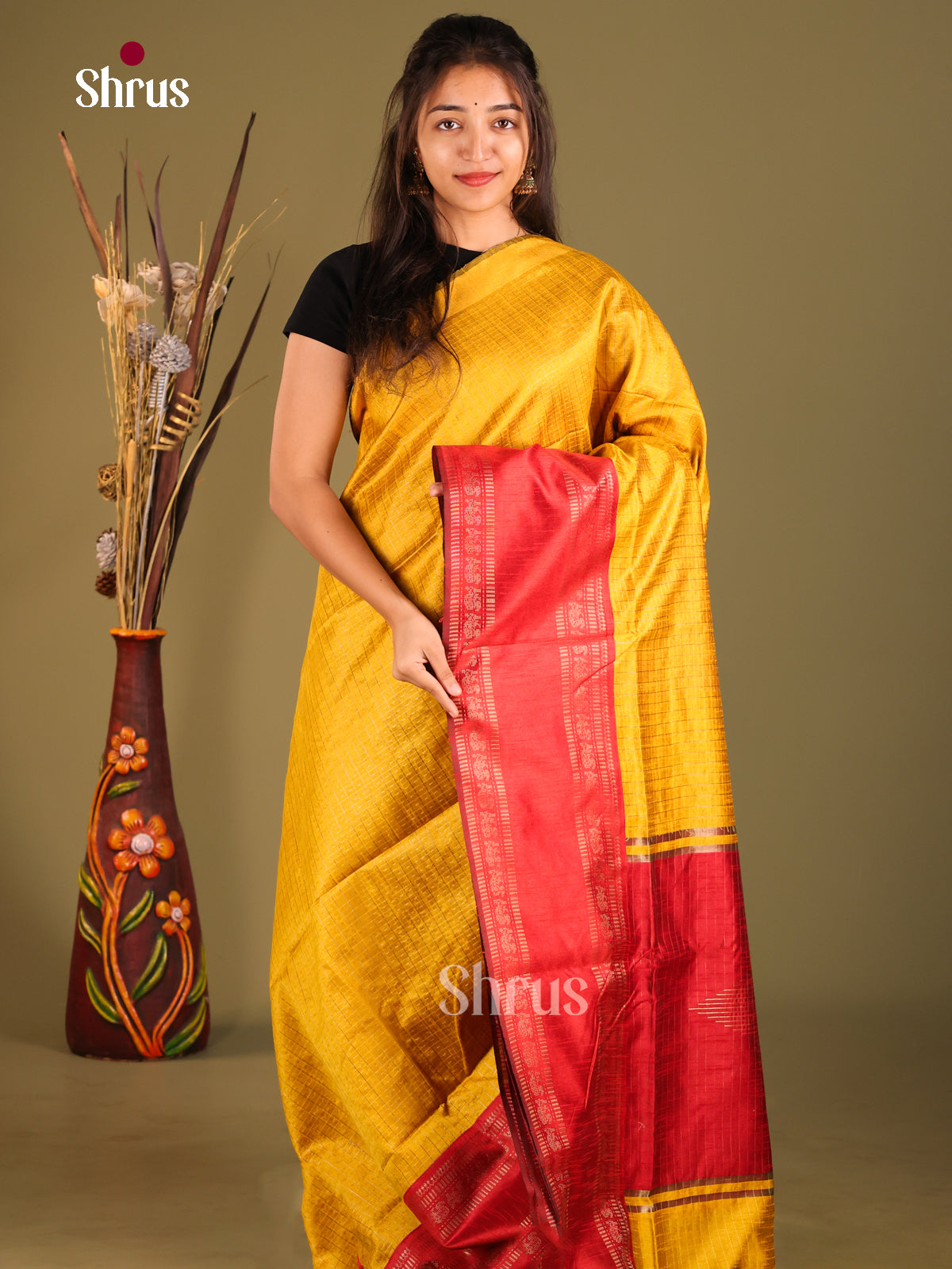 mustard & Red - Semi Rawsilk Saree - Shop on Shrus.com