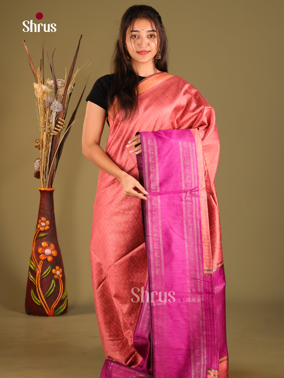 Brown & Purple - Semi Rawsilk Saree