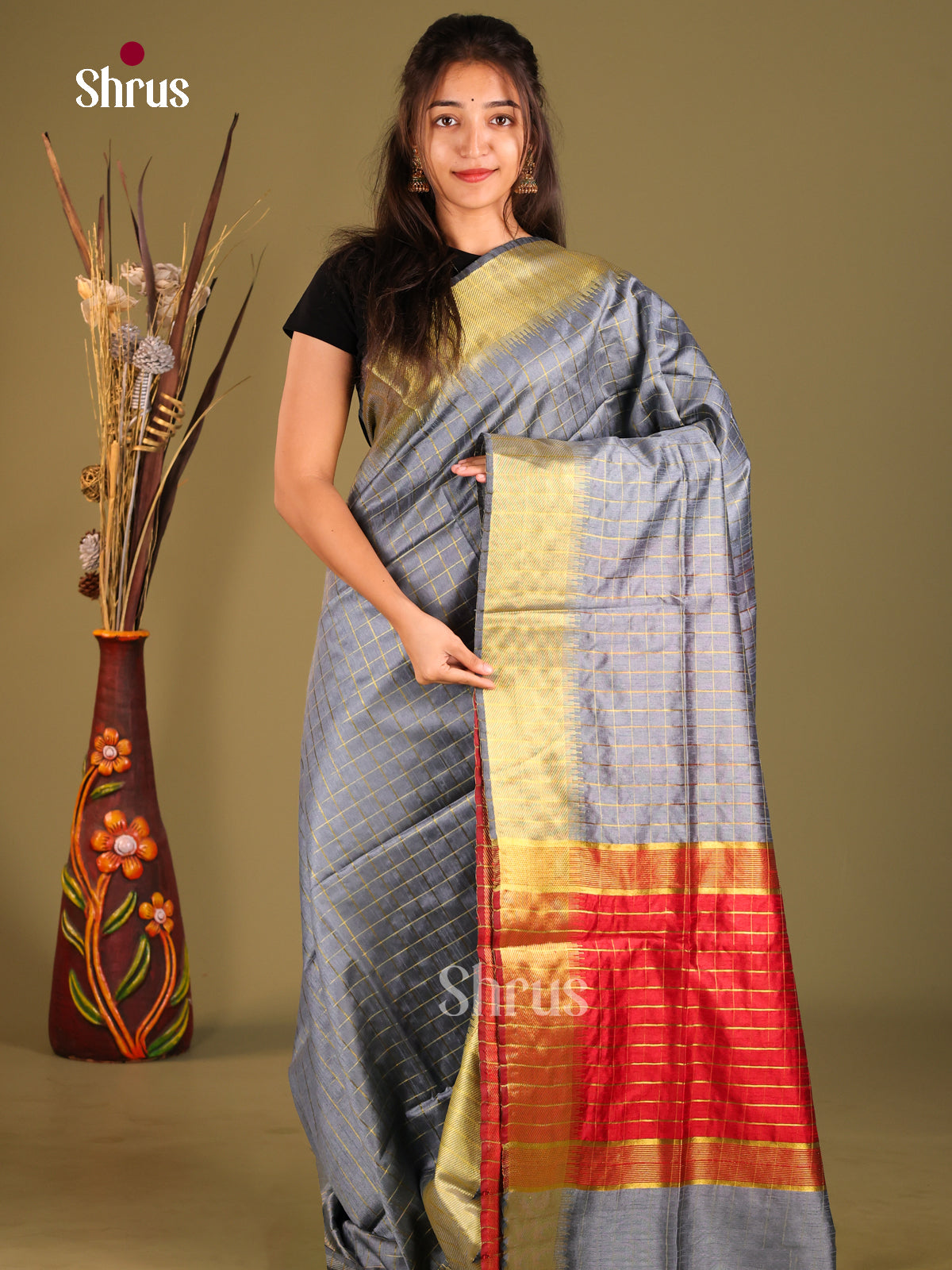 Grey & Red - Semi Rawsilk Saree - Shop on Shrus.com