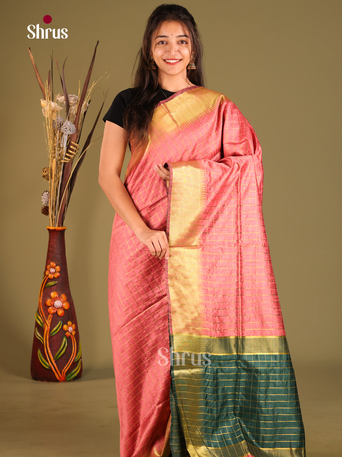 pink & Green - Semi Rawsilk Saree - Shop on Shrus.com