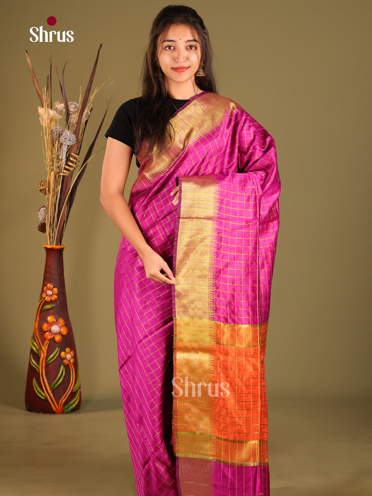 Majenta & Orange - Semi Rawsilk Saree - Shop on Shrus.com