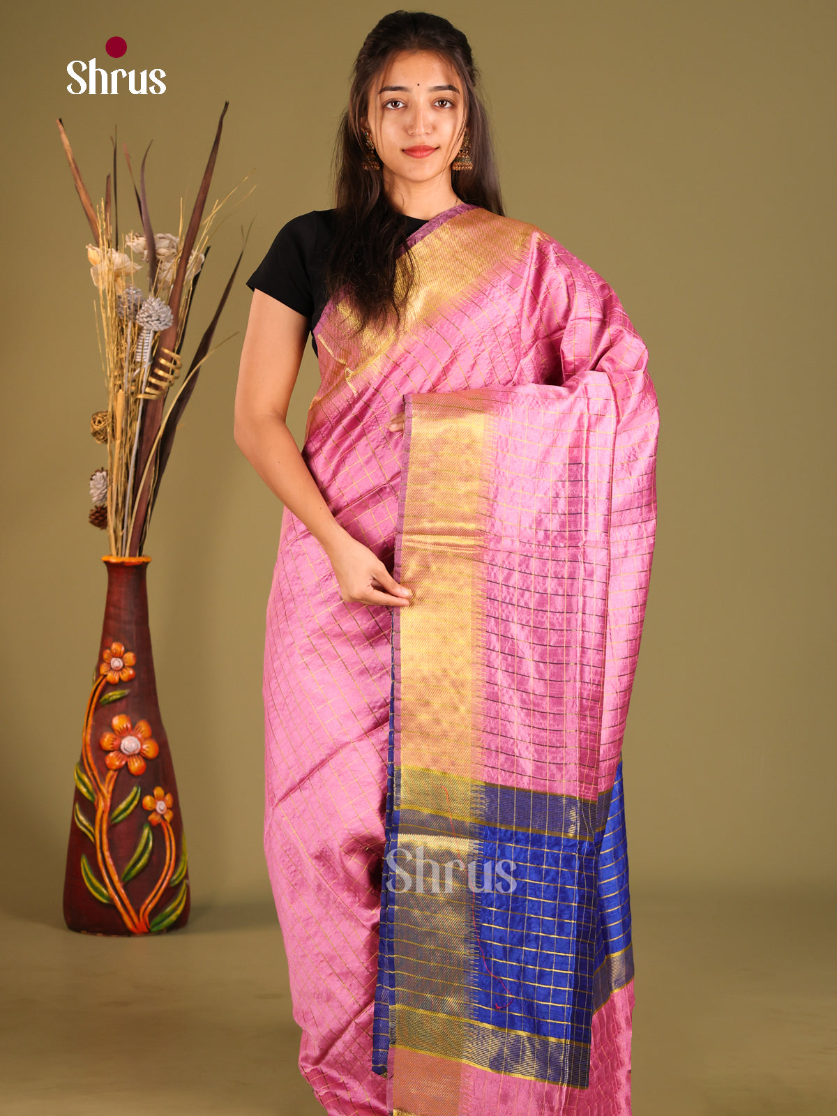 Pink & Blue - Semi Rawsilk Saree - Shop on Shrus.com