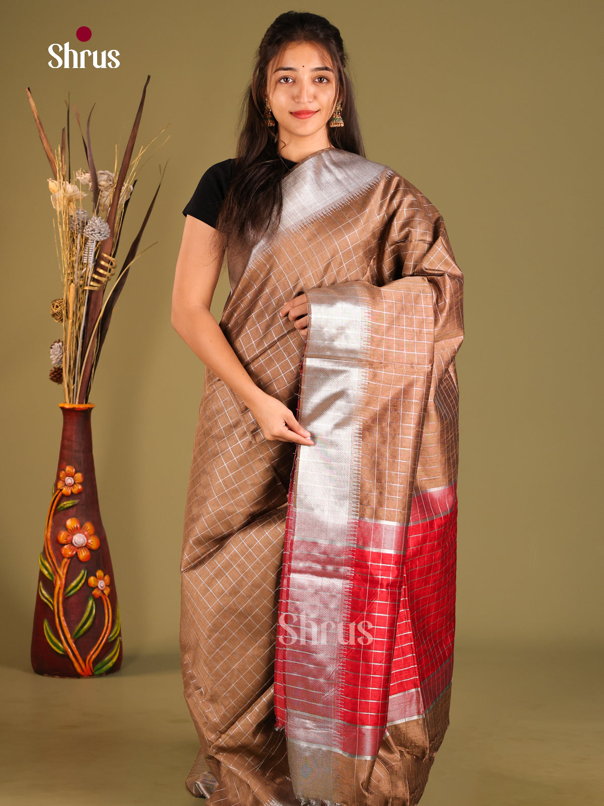 Brown & Red - Semi Rawsilk Saree