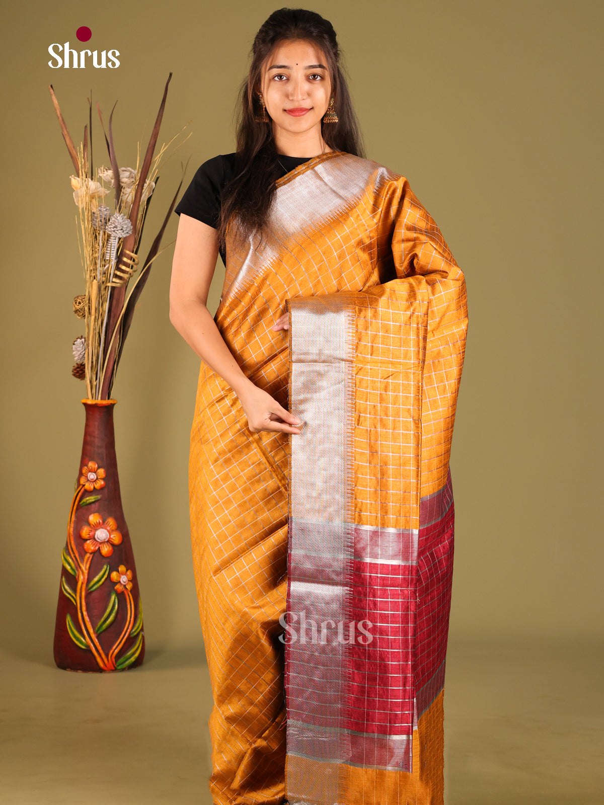 Mustard & Maroon - Semi Rawsilk Saree - Shop on Shrus.com
