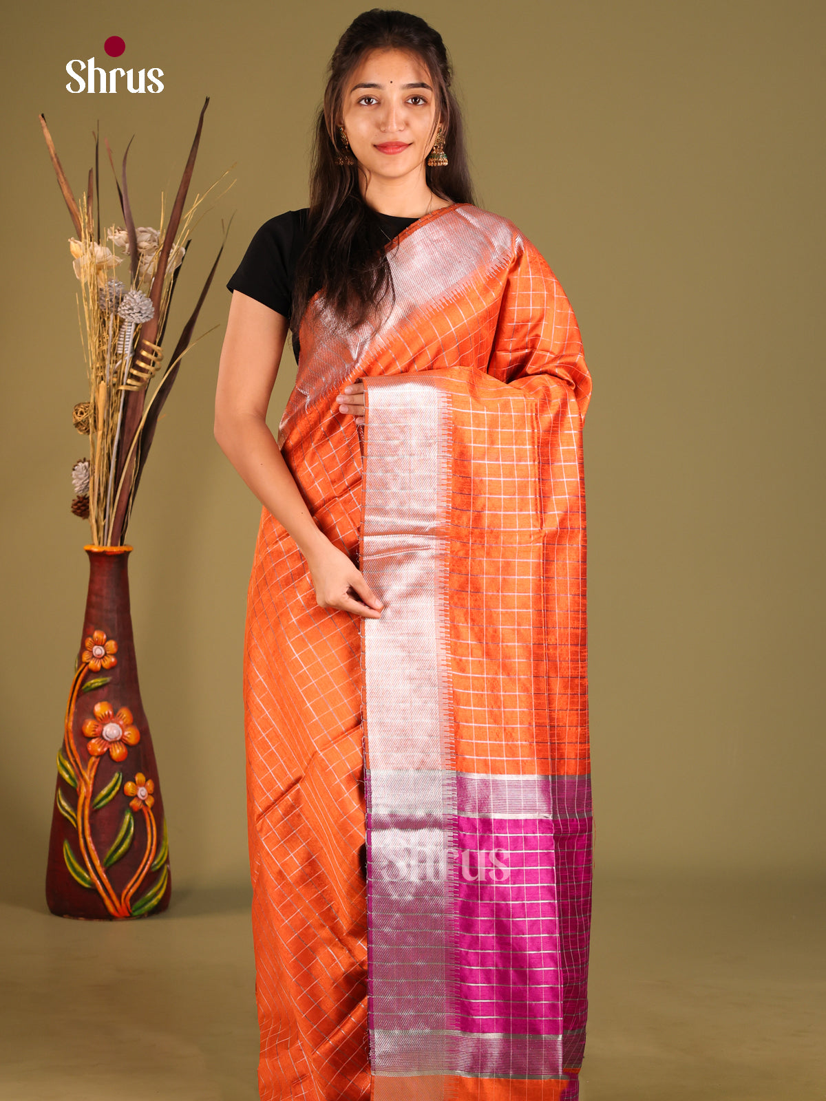 Orange & Purple- Semi Rawsilk Saree - Shop on Shrus.com