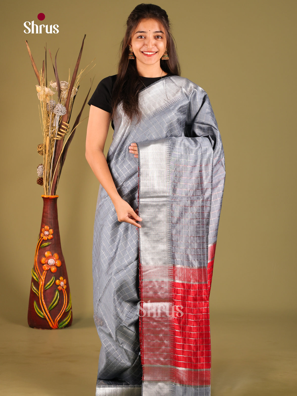 Grey & Red- Semi Rawsilk Saree - Shop on Shrus.com