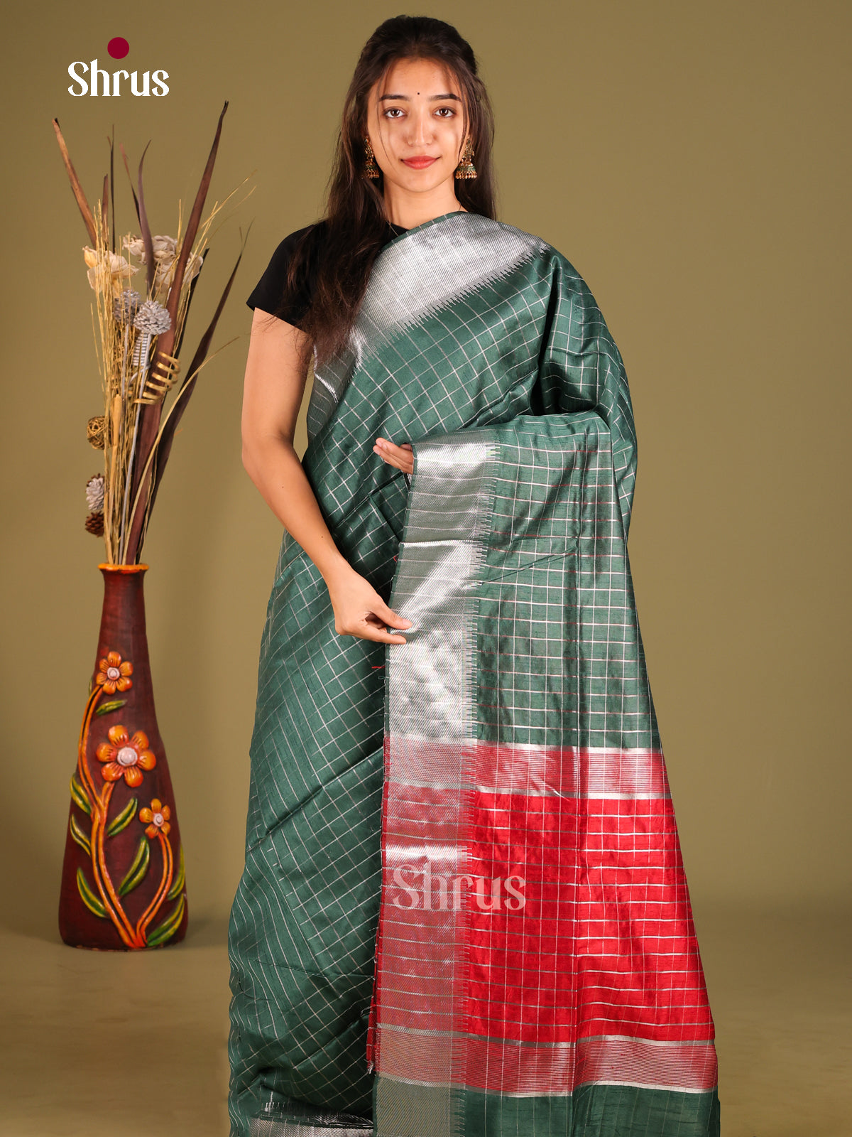 Green & Red- Semi Rawsilk Saree - Shop on Shrus.com