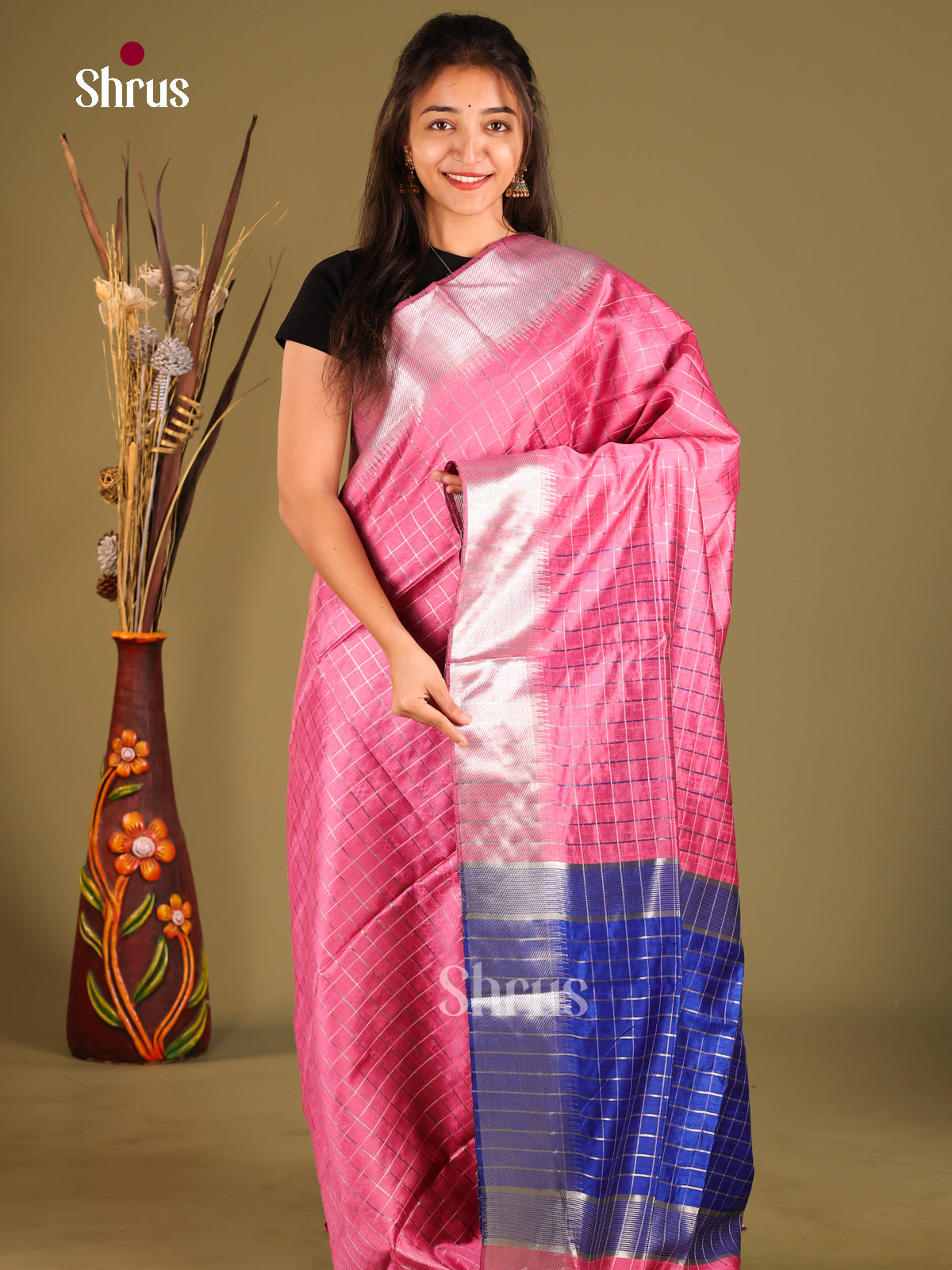 Pink & Blue - Semi Rawsilk Saree - Shop on Shrus.com