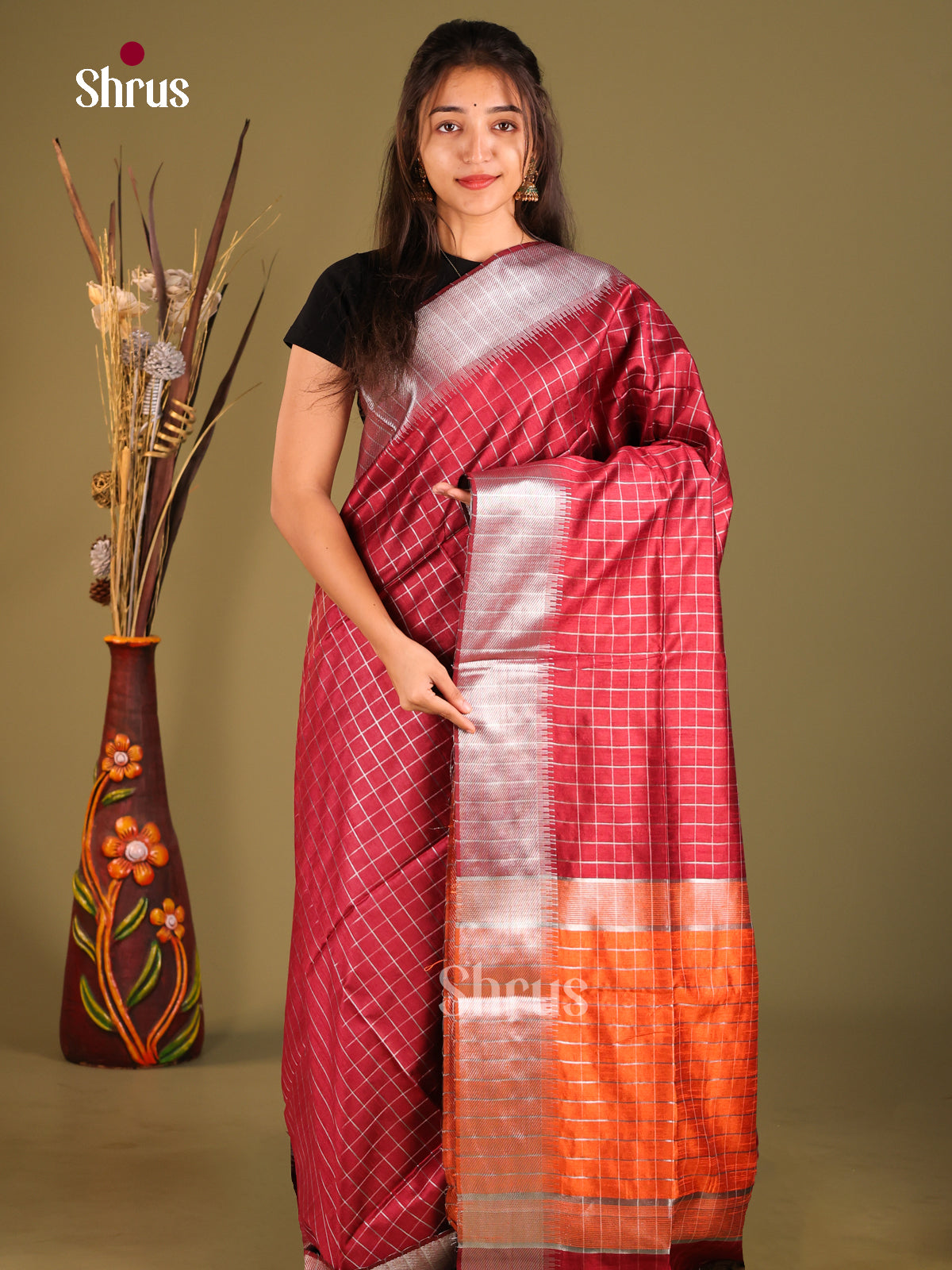maroon & Orange - Semi Rawsilk Saree - Shop on Shrus.com