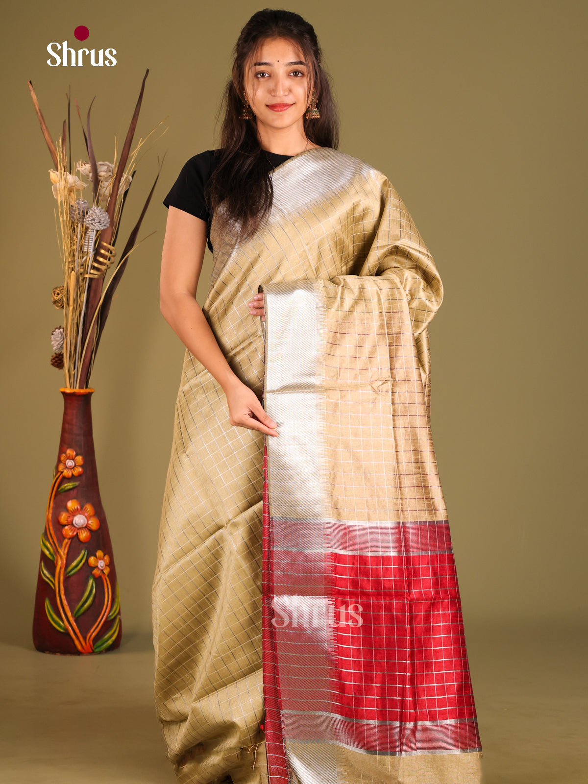 Cream  & Red - Semi Rawsilk Saree