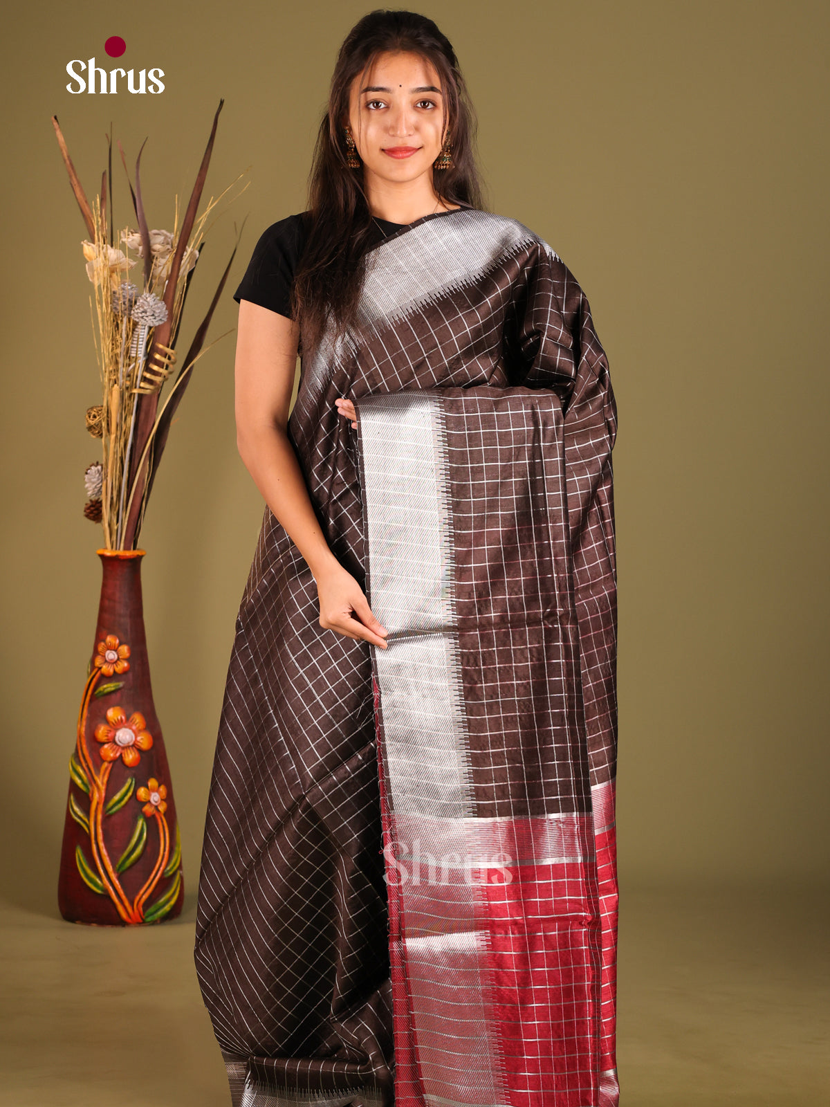 Brown & Maroon - Semi Rawsilk Saree