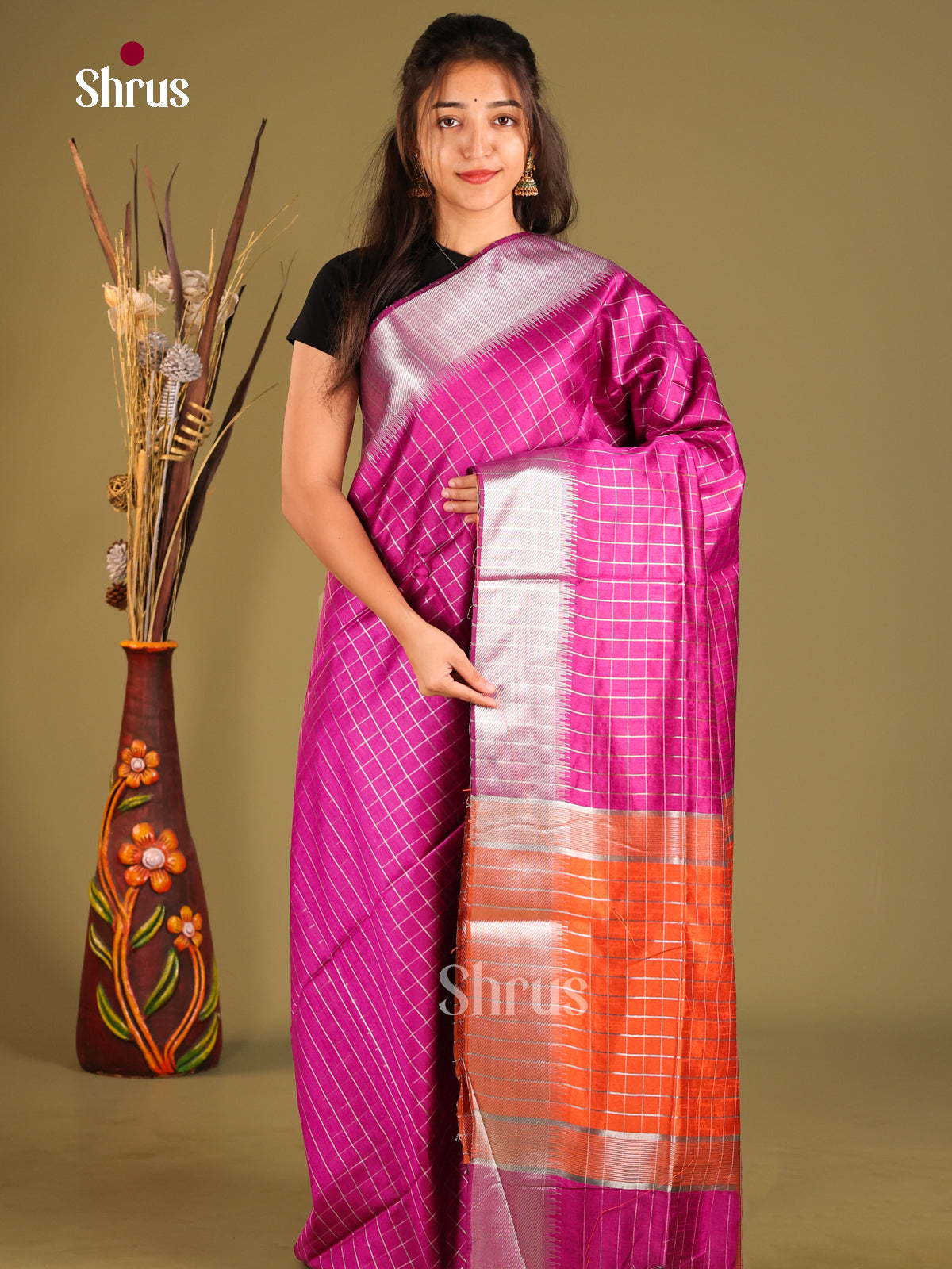 Purple & Orange - Semi Rawsilk Saree - Shop on Shrus.com