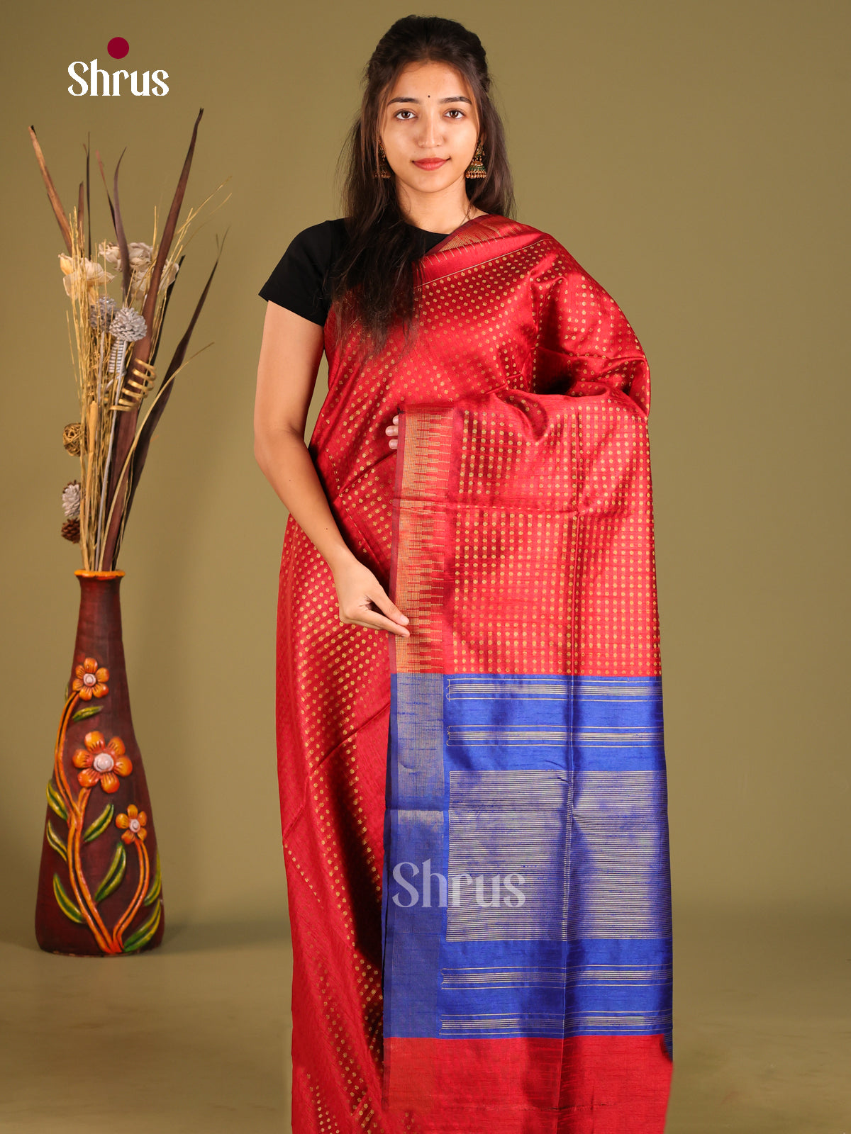 Red & Blue - Semi Rawsilk Saree - Shop on Shrus.com