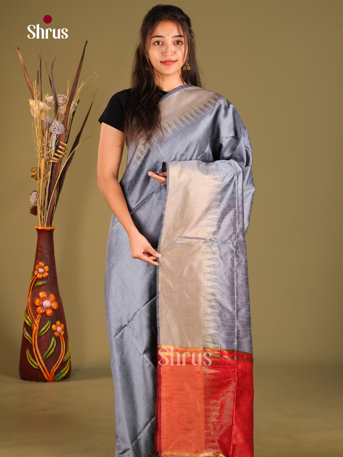 Grey & Red - Semi Rawsilk Saree - Shop on Shrus.com