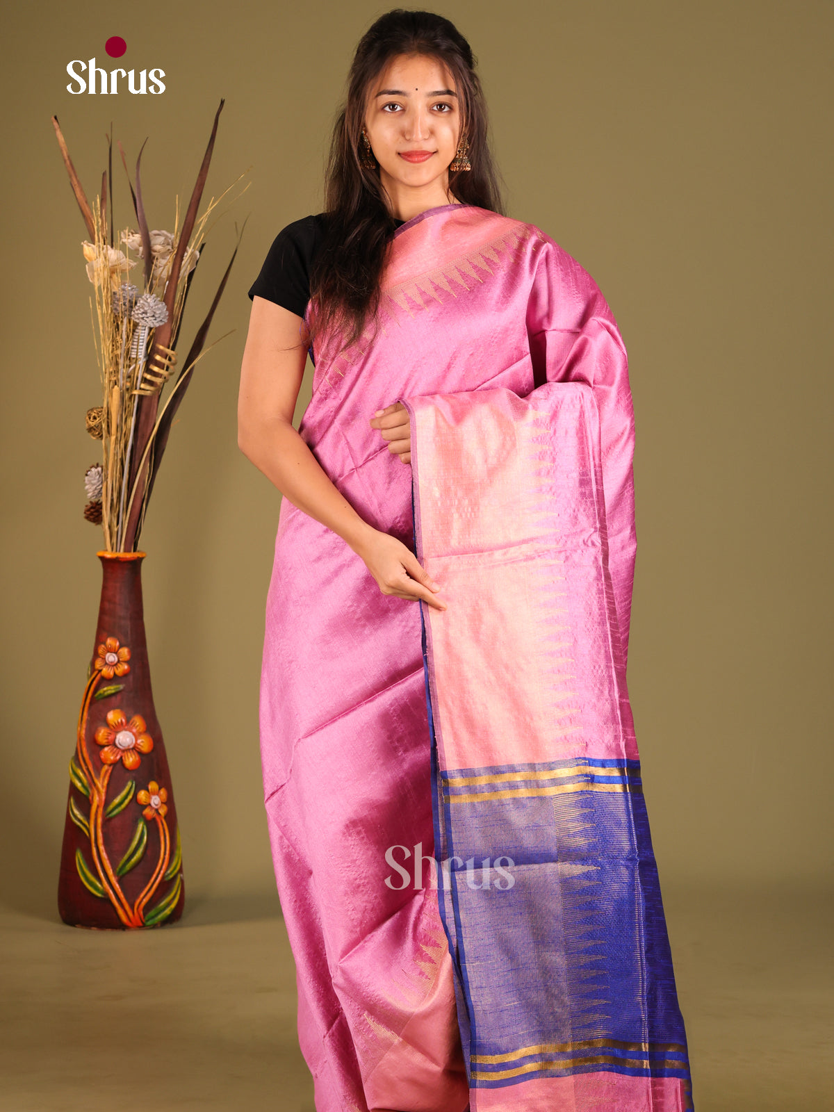 Pink & Blue - Semi Rawsilk Saree - Shop on Shrus.com