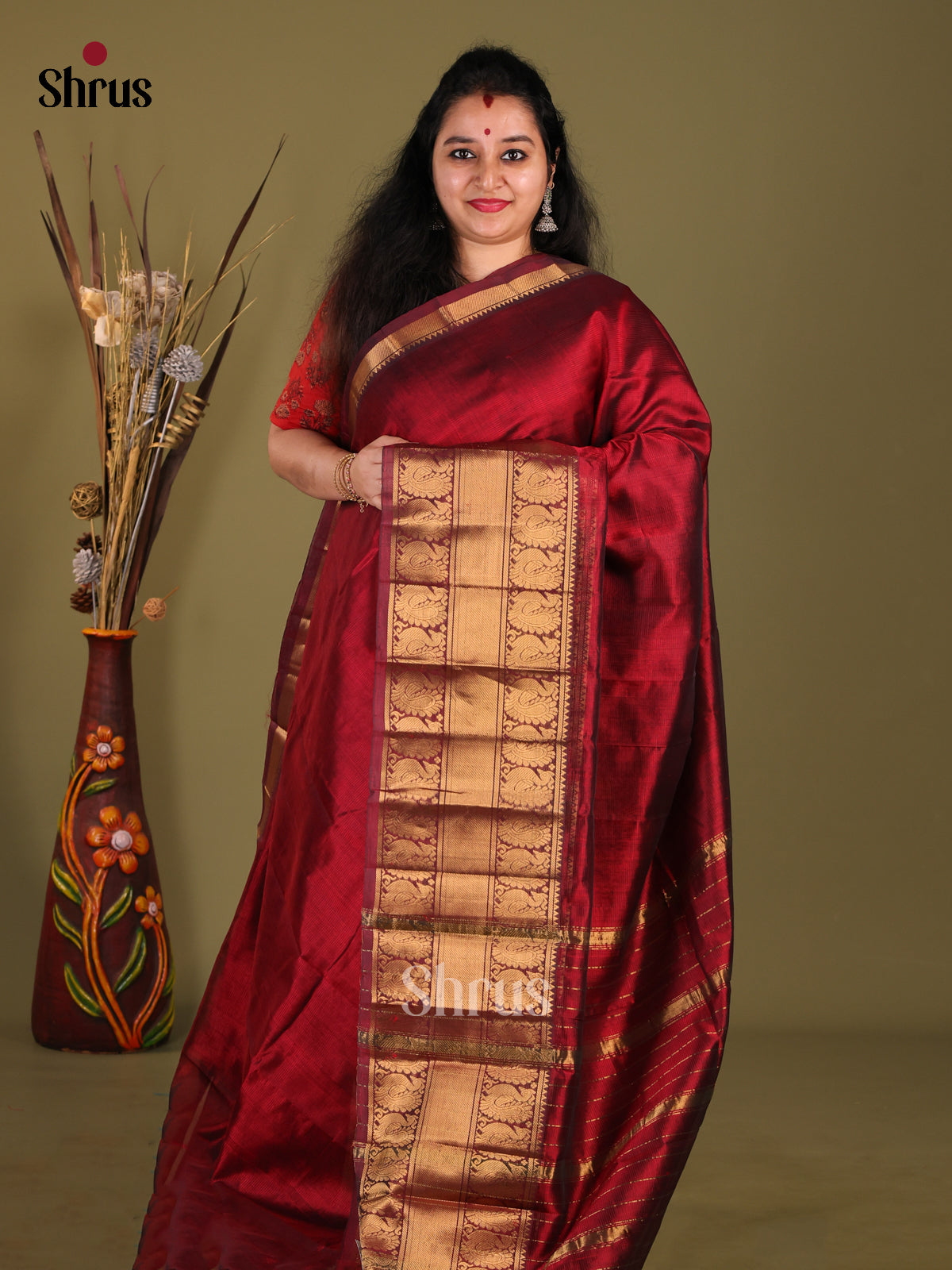 Maroon(Single Tone) - Mangalagiri silkcotton Saree - Shop on Shrus.com