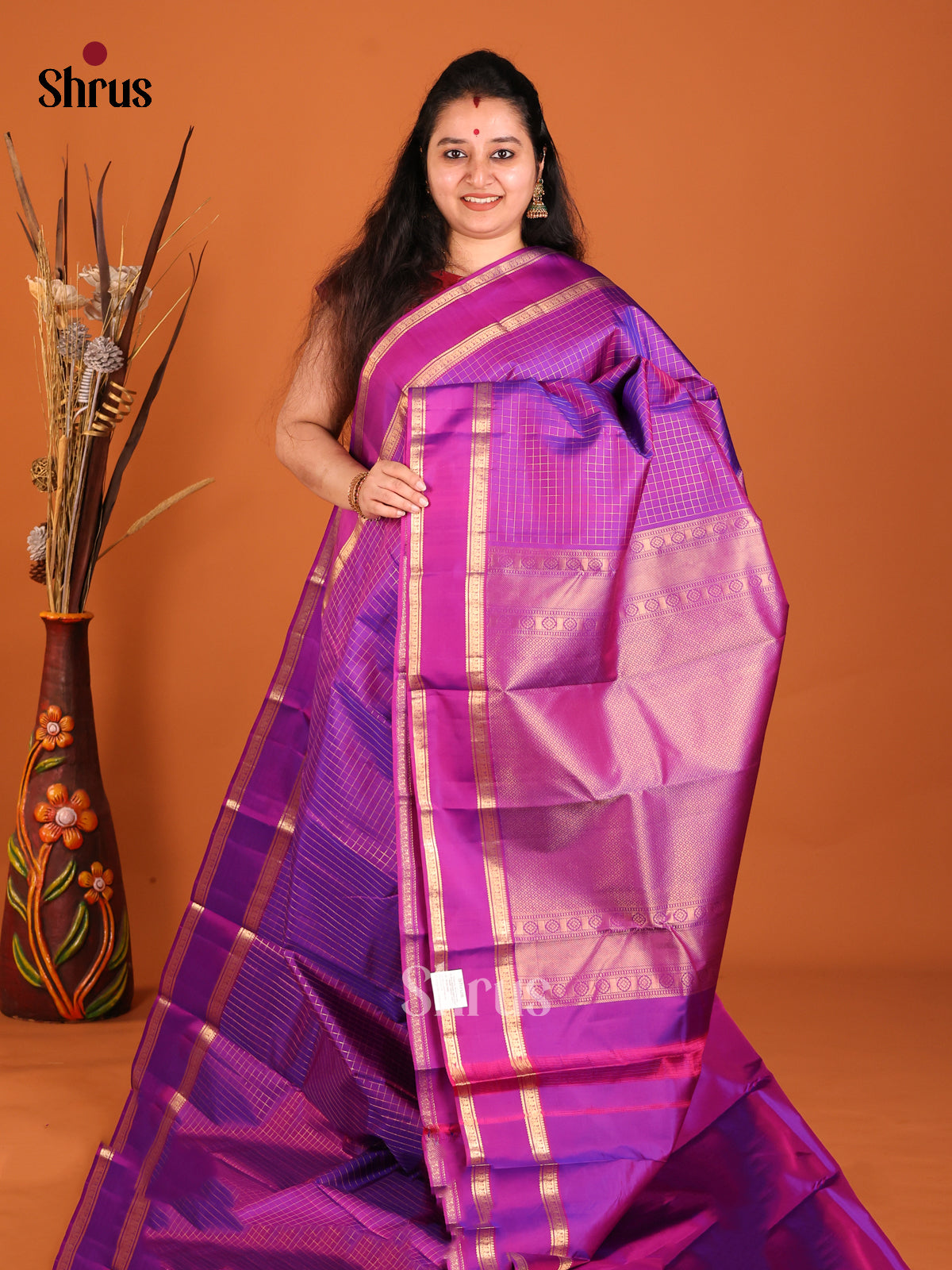Purple Single Tone Kanchipuram Silk Saree with zari Checks - Shop on Shrus.com