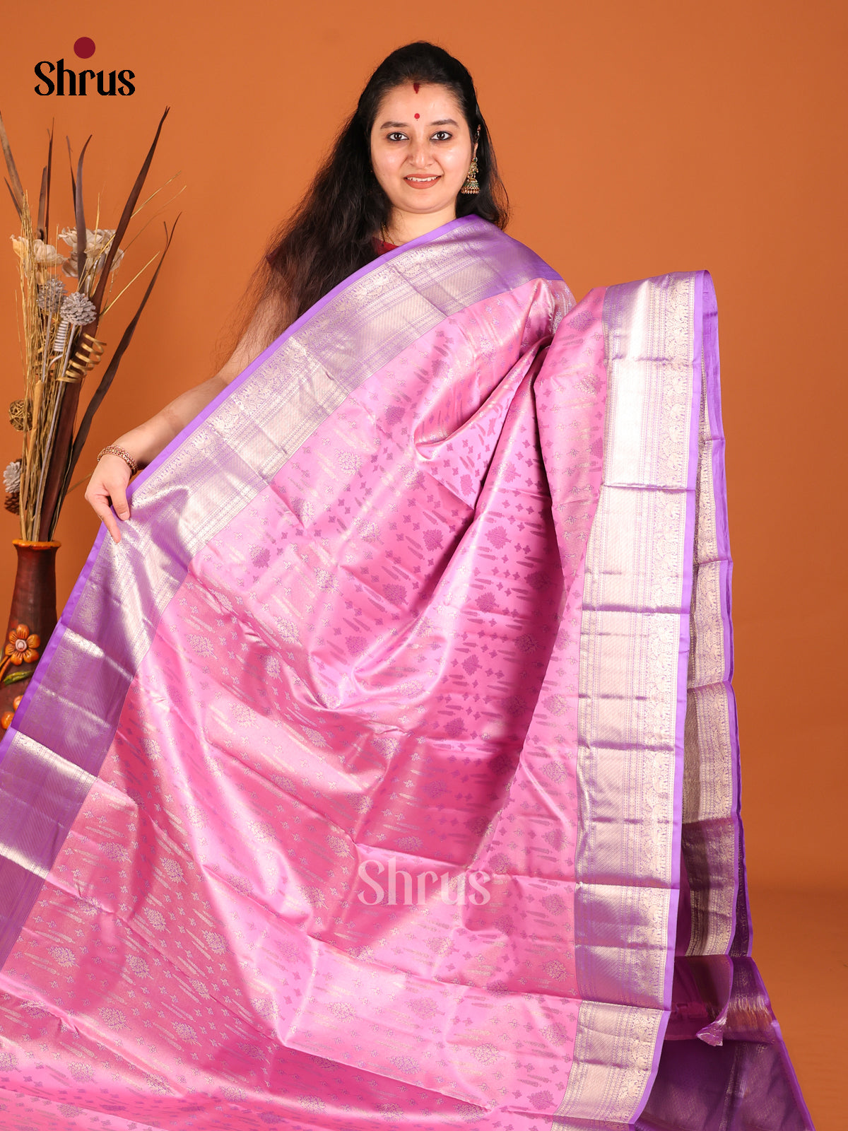 Pink & Purple Kanchipuram silk saree gleams with floral zari brocade -1