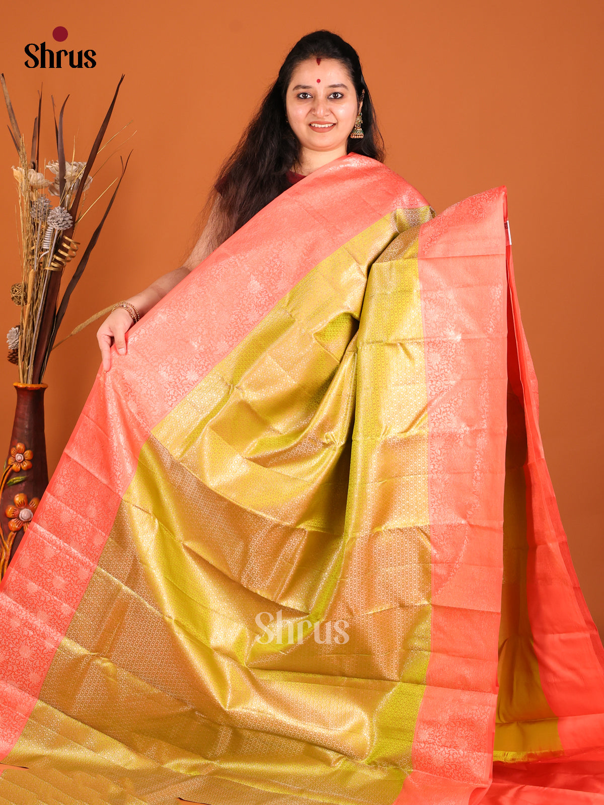 Mehandi Green & Orange Kanchipuram silk saree with zari brocade -1