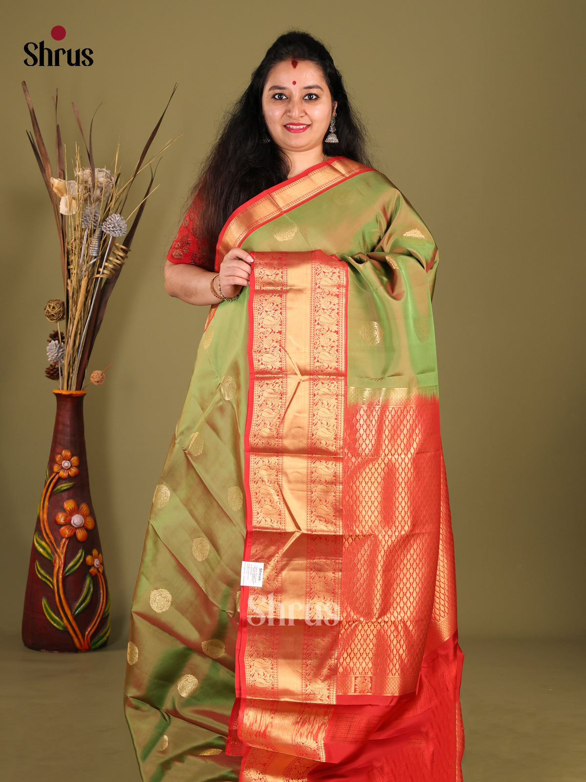 green and red kanchipuram silk 