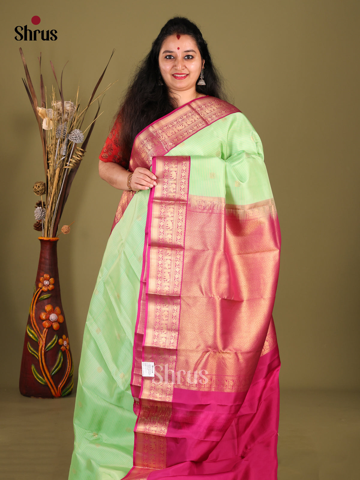green and pink Kanchipuram-halfpure