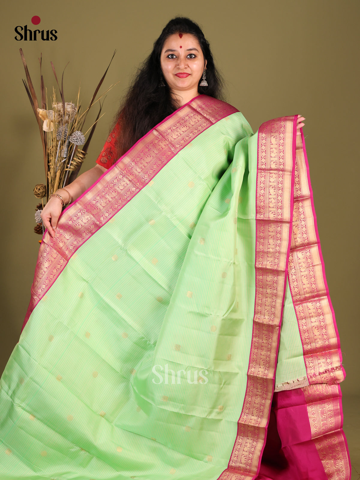 green and pink Kanchipuram-halfpure -1